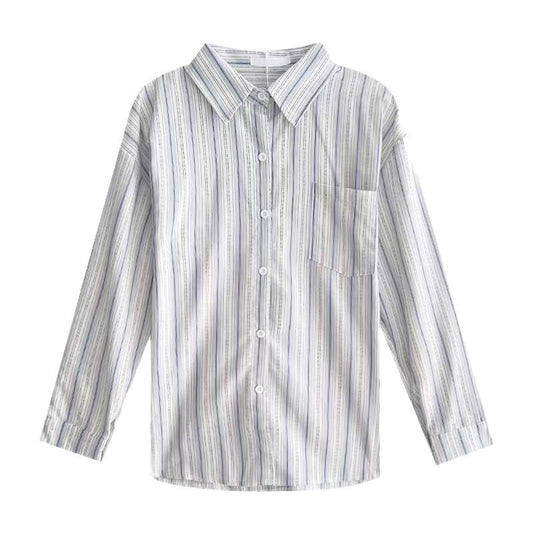Blue Striped Shirt  Women's Long Sleeve Design Sense Unique Small Size Women's Top