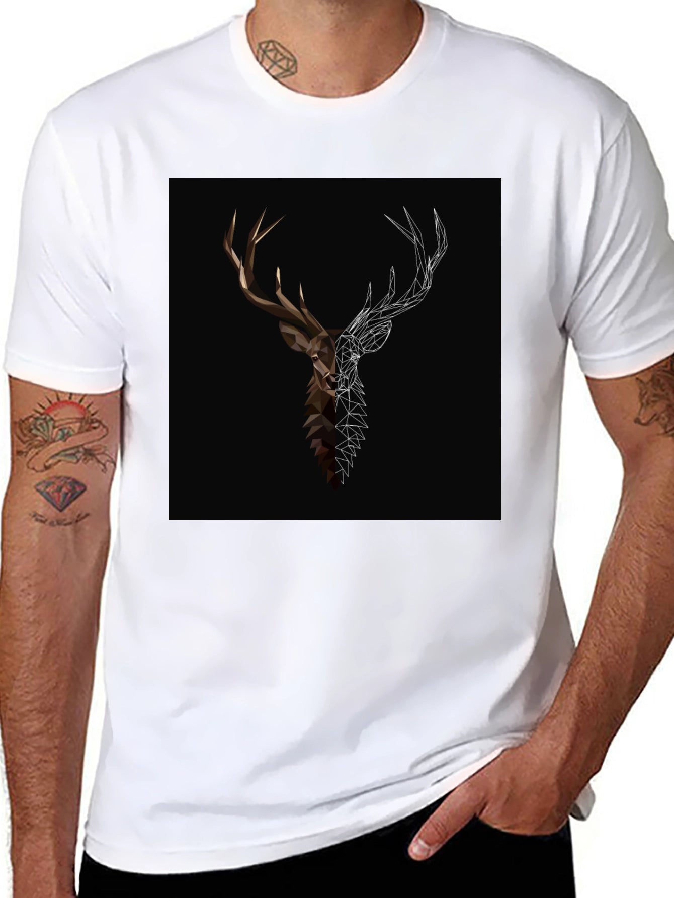Geometric Deer Graphic Tee - Black Cotton Blend