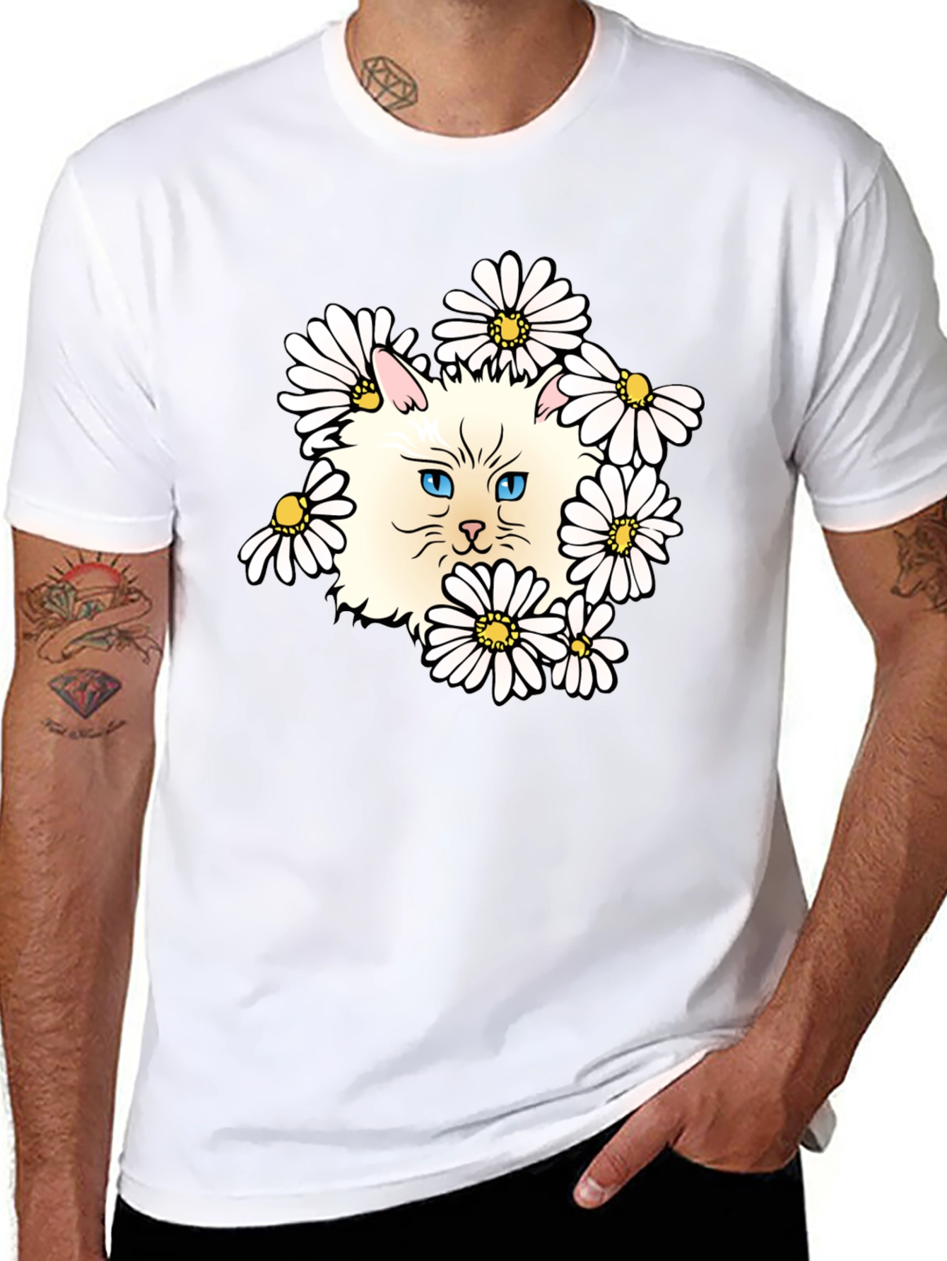 Cat & Daisy Graphic T-Shirt - Black