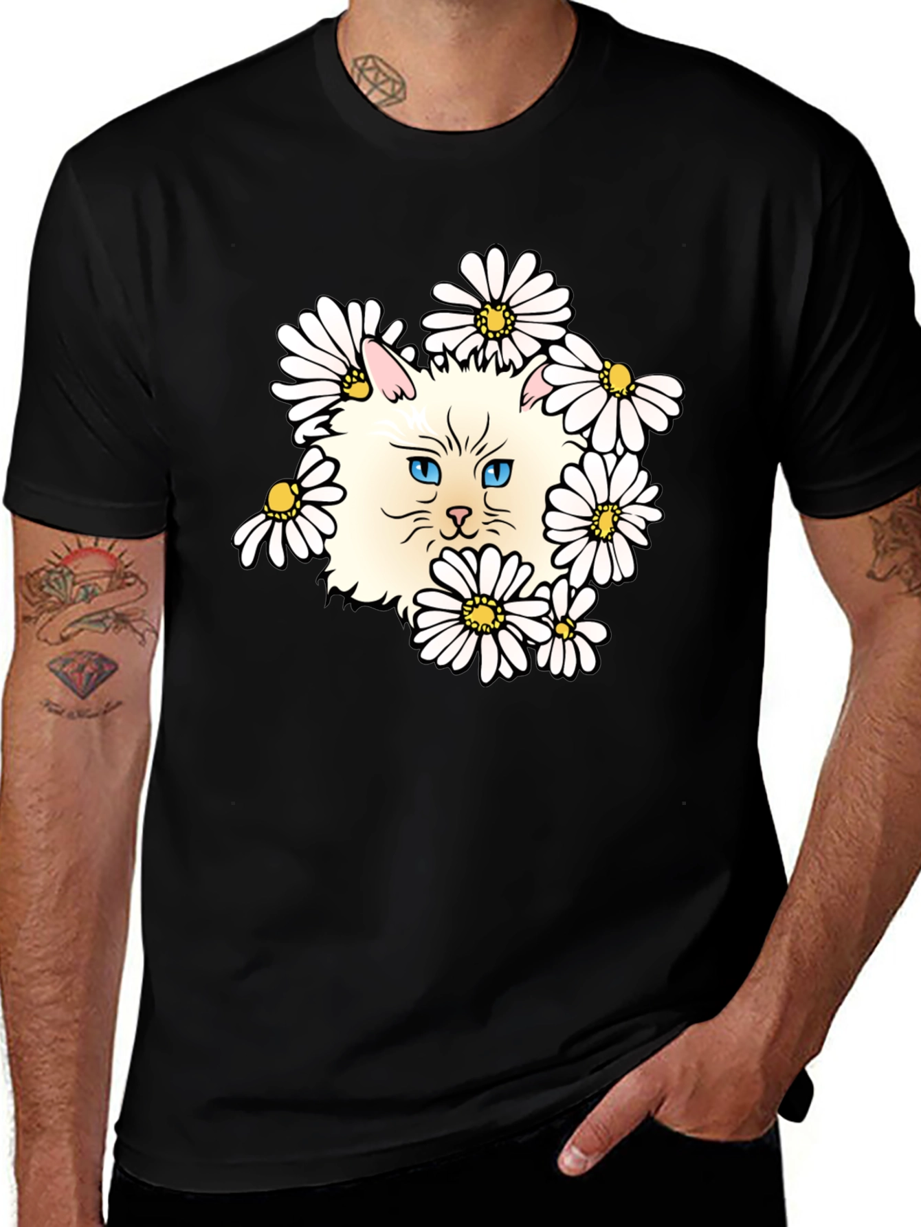 Cat & Daisy Graphic T-Shirt - Black