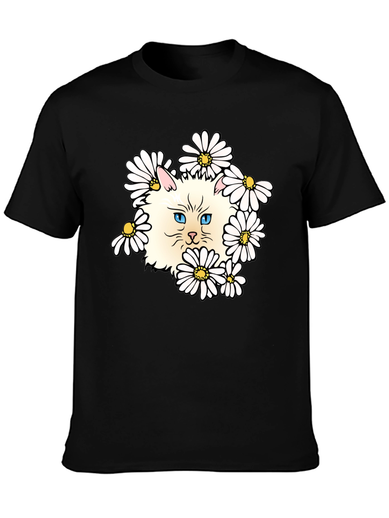 Cat & Daisy Graphic T-Shirt - Black