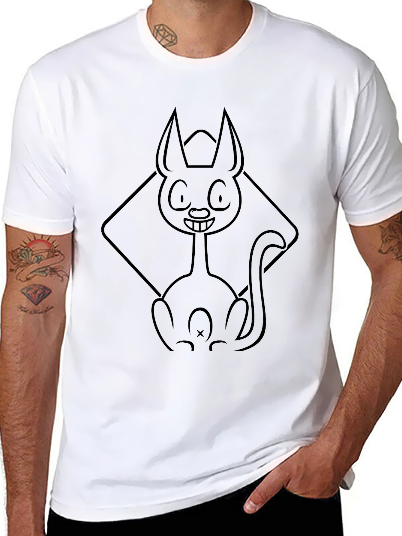 Cartoon Cat Outline Black T-Shirt