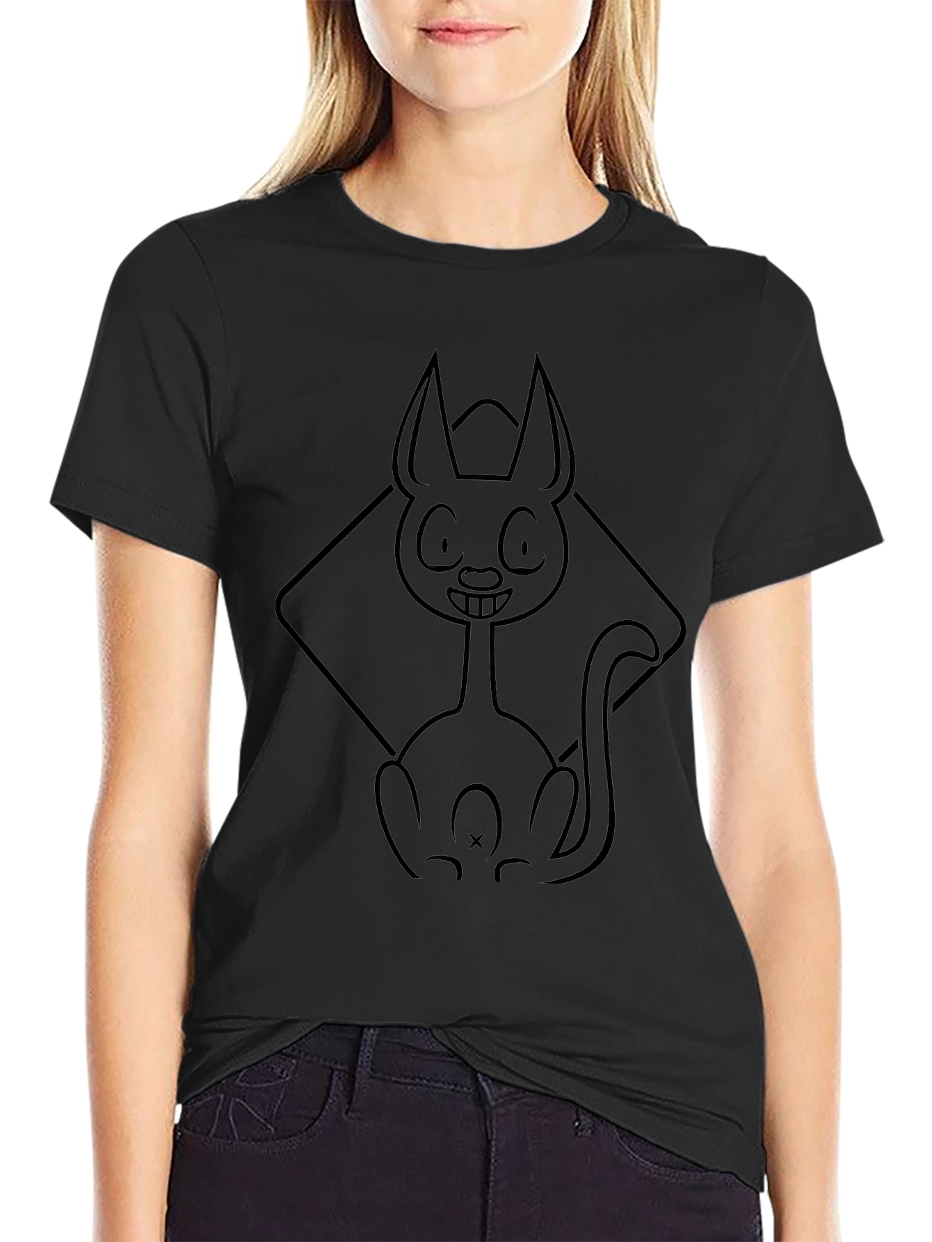 Cartoon Cat Outline Black T-Shirt
