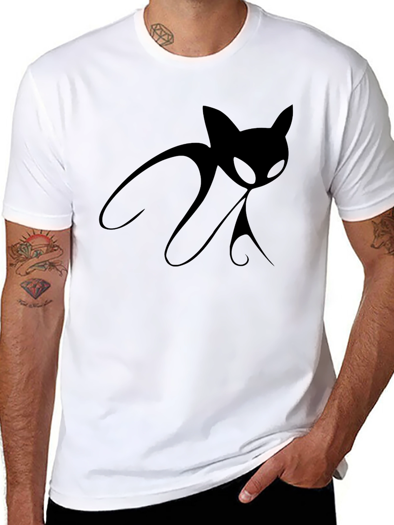 Mens Black T-Shirt with Stylized Cat Design