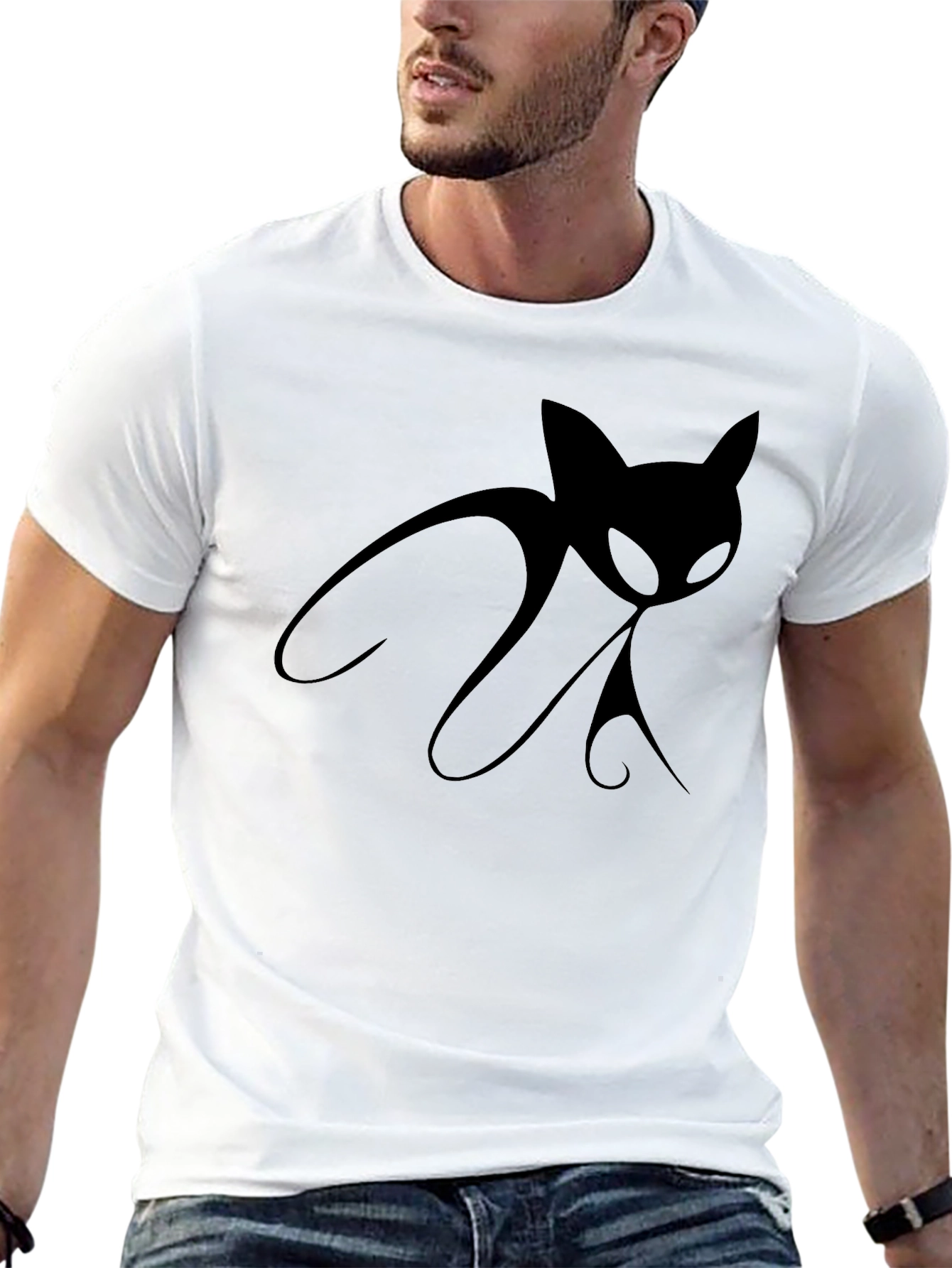 Mens Black T-Shirt with Stylized Cat Design