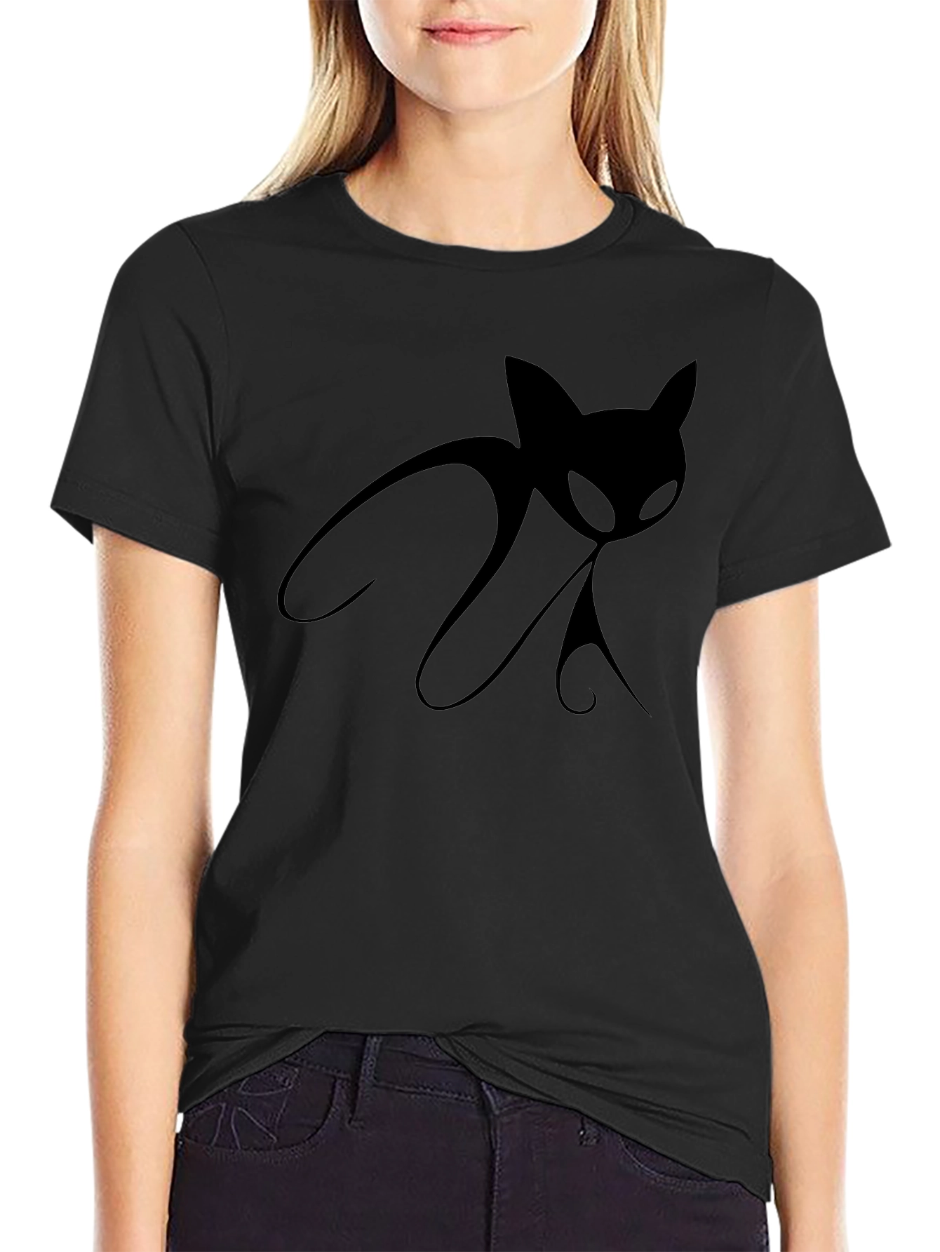 Mens Black T-Shirt with Stylized Cat Design