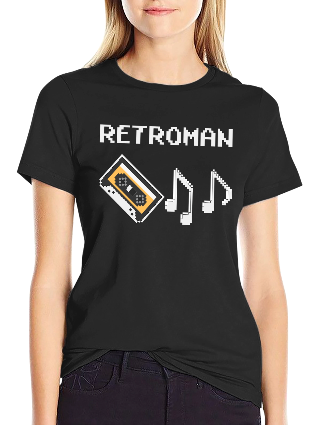 Retroman Black Pixel Cassette & Music Notes T-Shirt