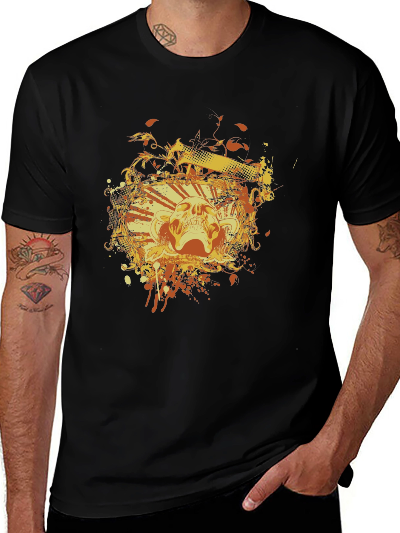 Skull & Flames Graphic Tee - Black Cotton