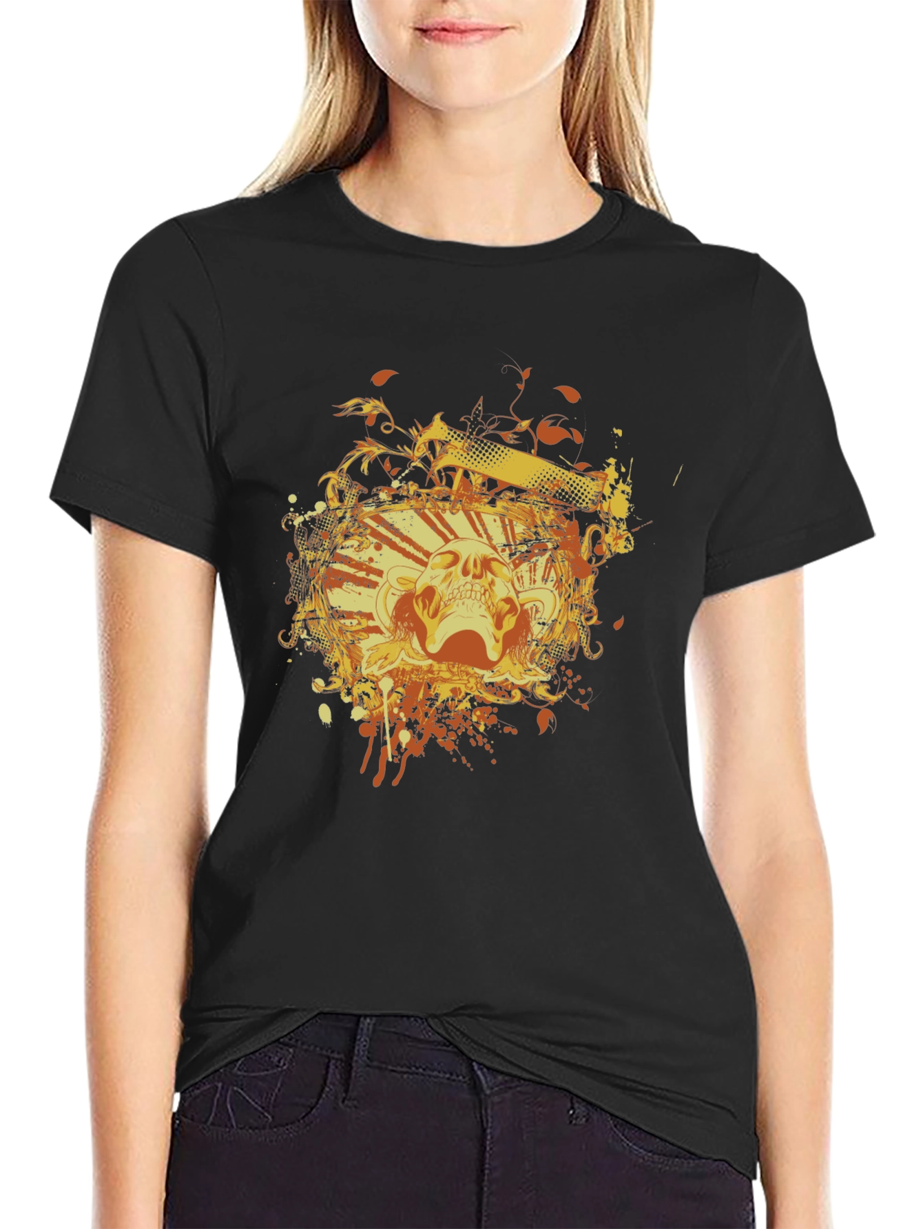 Skull & Flames Graphic Tee - Black Cotton