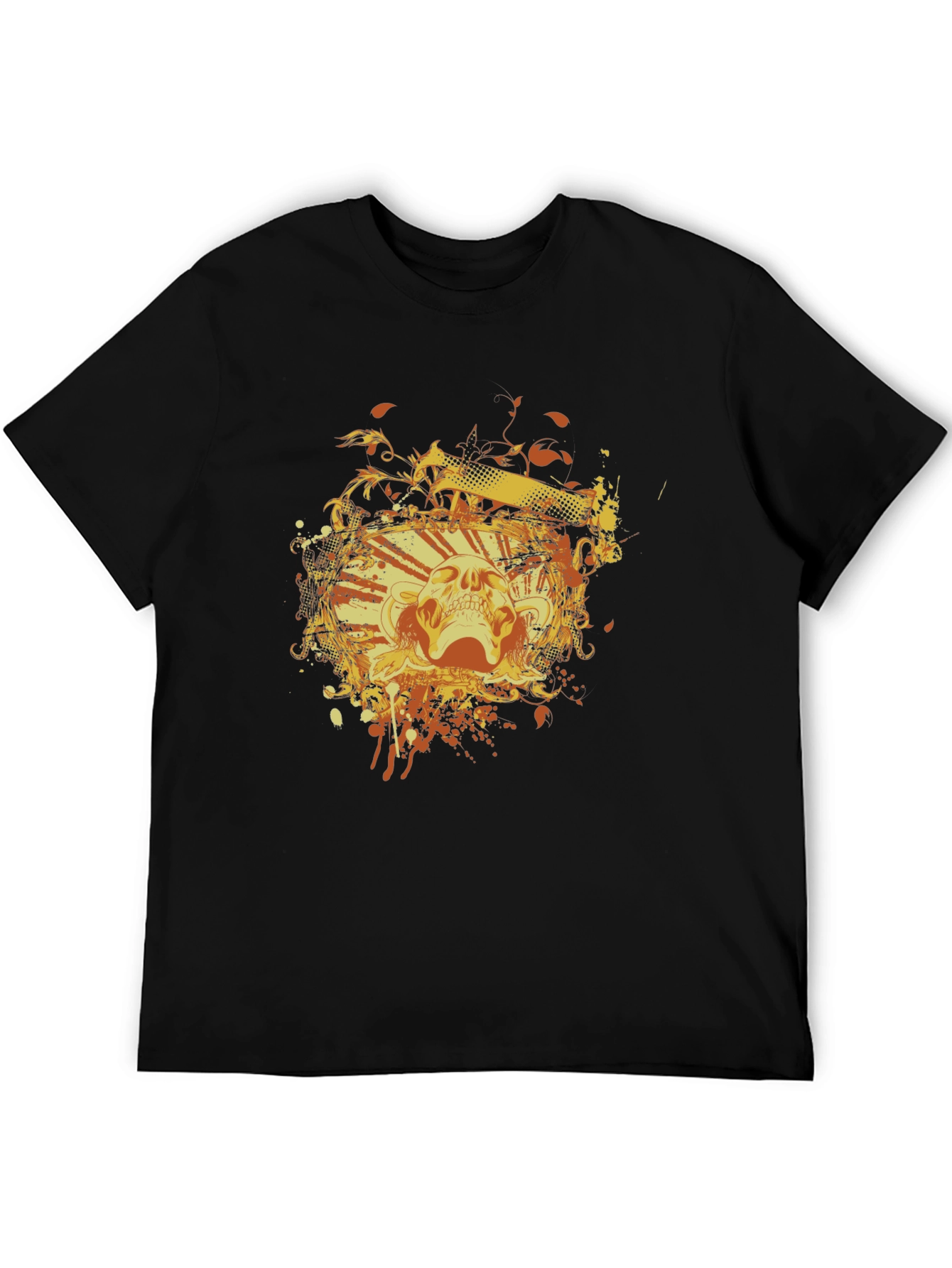 Skull & Flames Graphic Tee - Black Cotton
