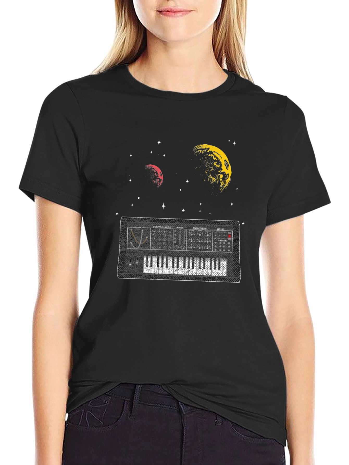 Space Synth Black T-Shirt - Retro Music Design
