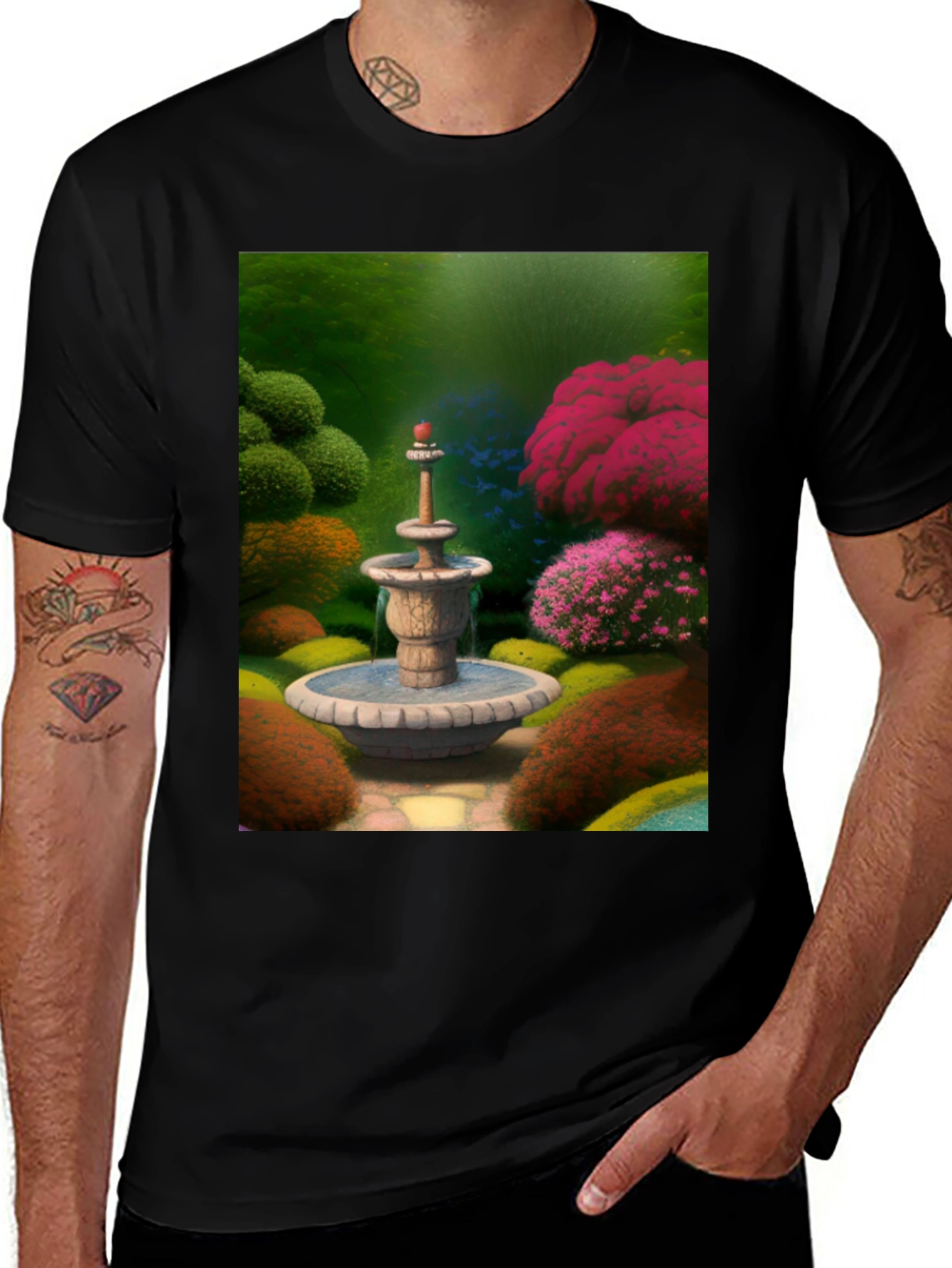 Fountain Garden T-Shirt Black Crew Neck Tee