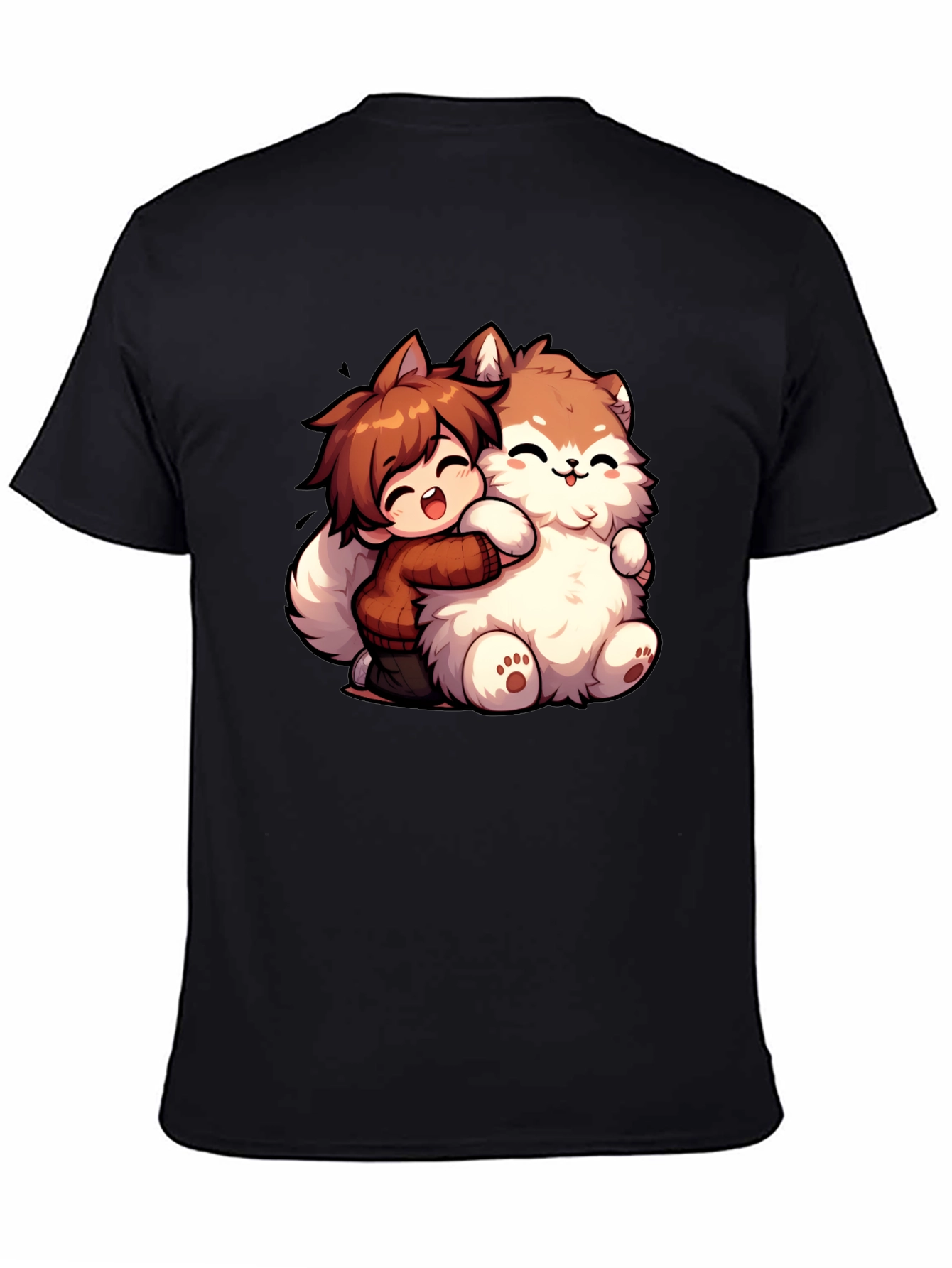 Anime Boy Hugging Fluffy Dog Cartoon T-Shirt