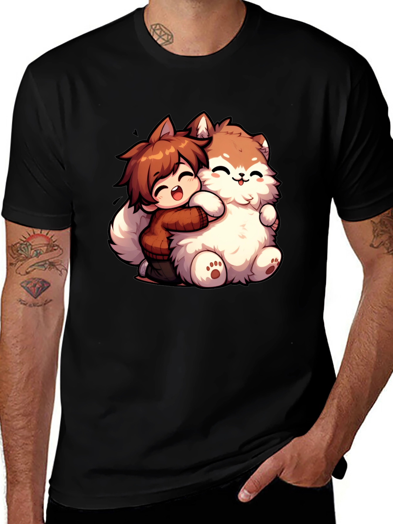 Anime Boy Hugging Fluffy Dog Cartoon T-Shirt