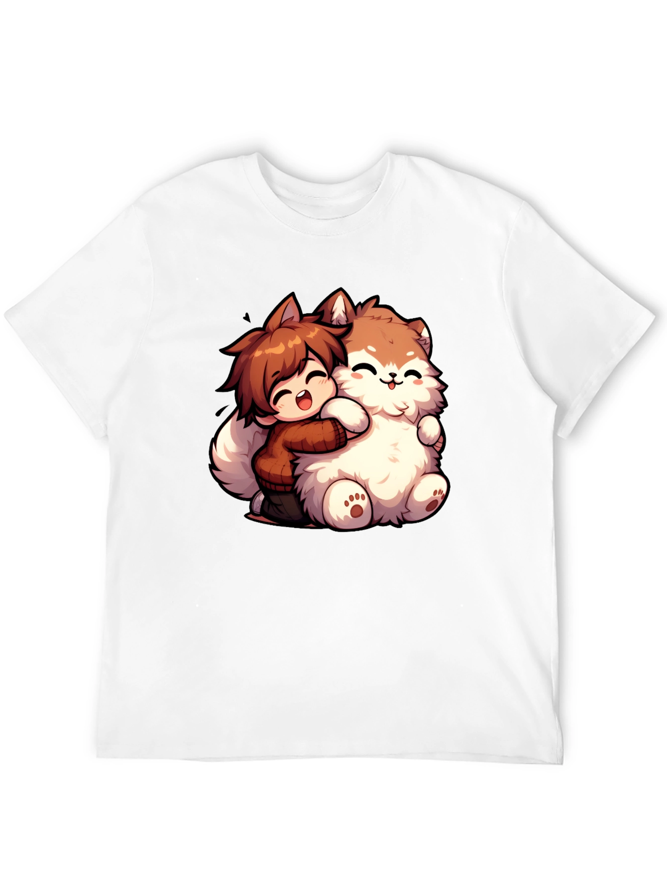 Anime Boy Hugging Fluffy Dog Cartoon T-Shirt