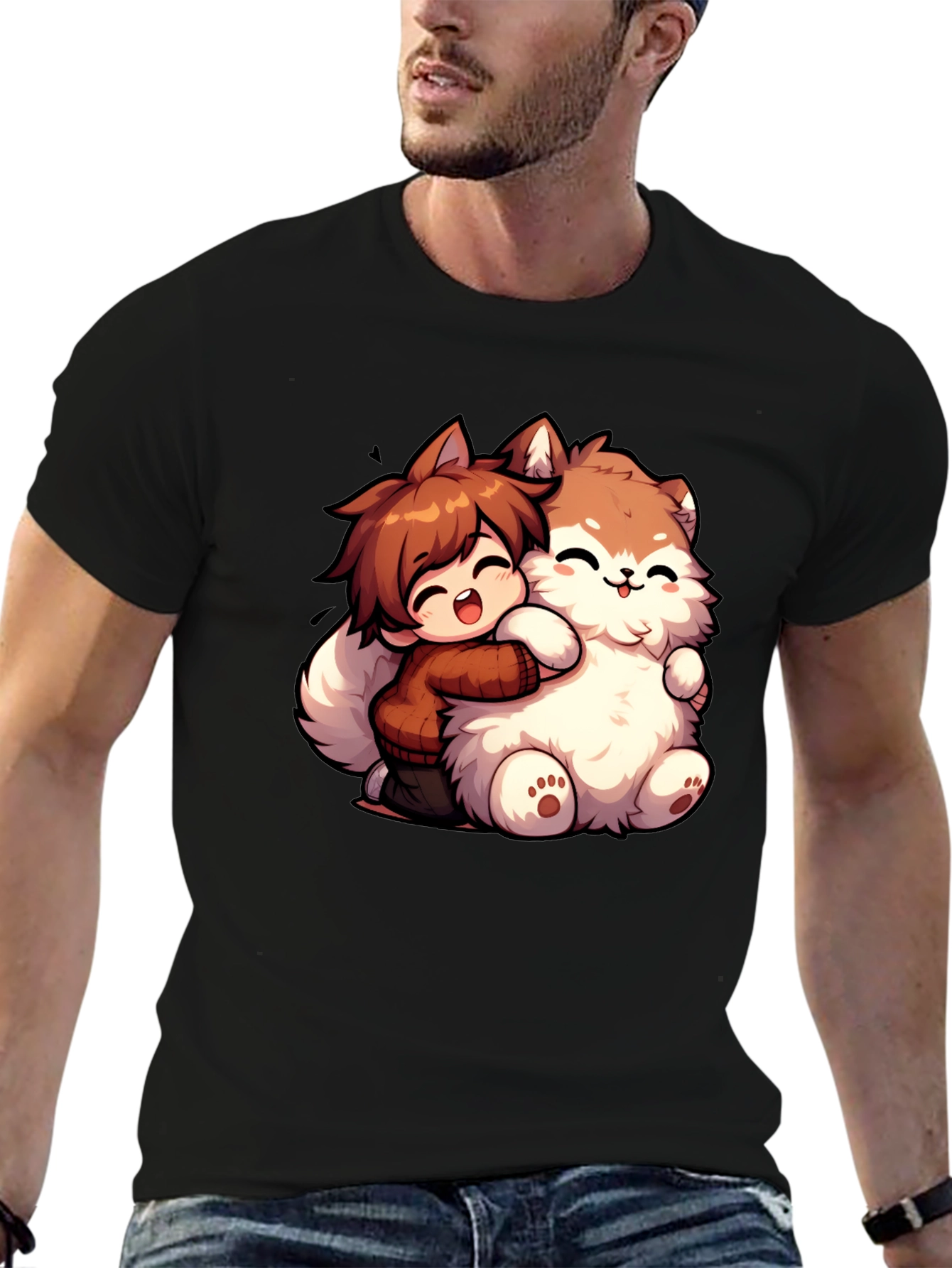 Anime Boy Hugging Fluffy Dog Cartoon T-Shirt