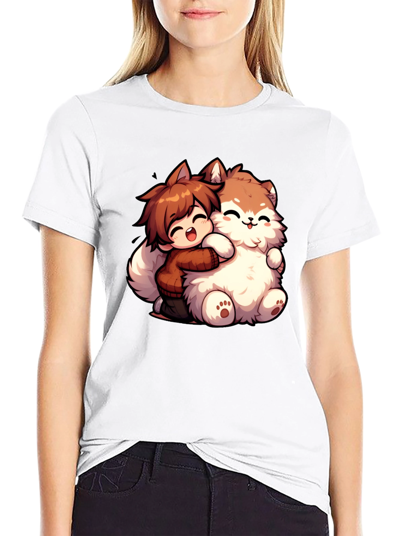 Anime Boy Hugging Fluffy Dog Cartoon T-Shirt