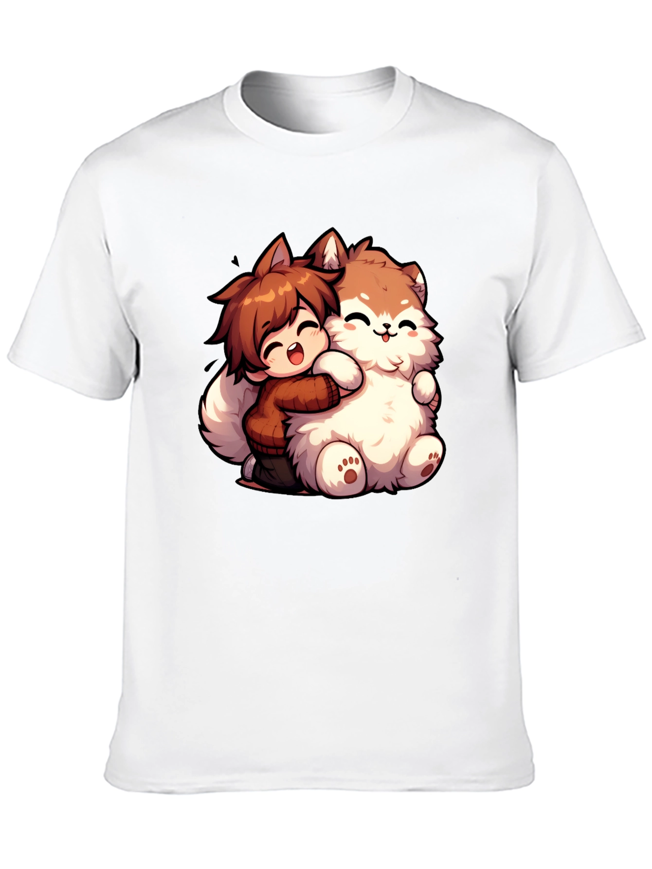 Anime Boy Hugging Fluffy Dog Cartoon T-Shirt