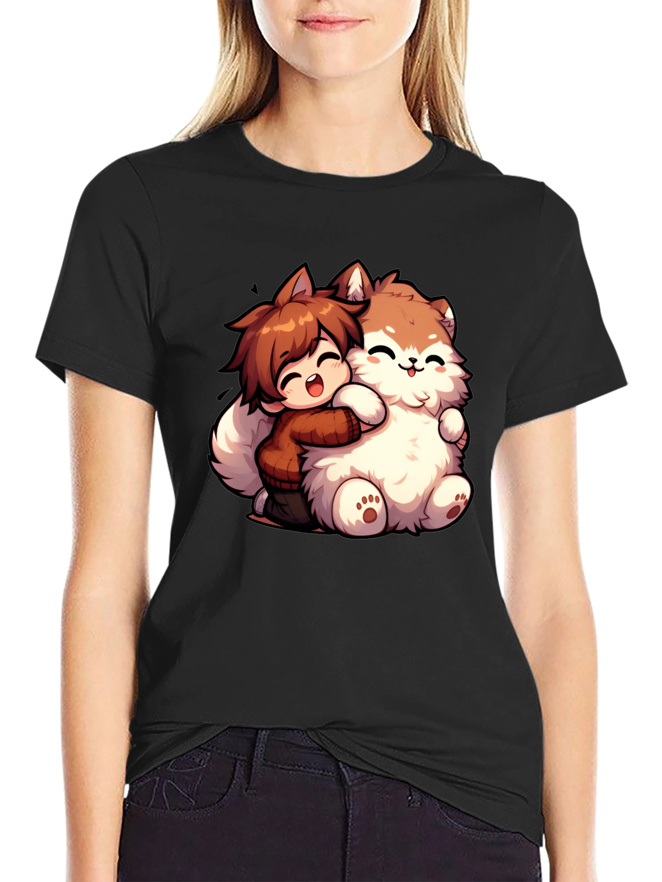 Anime Boy Hugging Fluffy Dog Cartoon T-Shirt