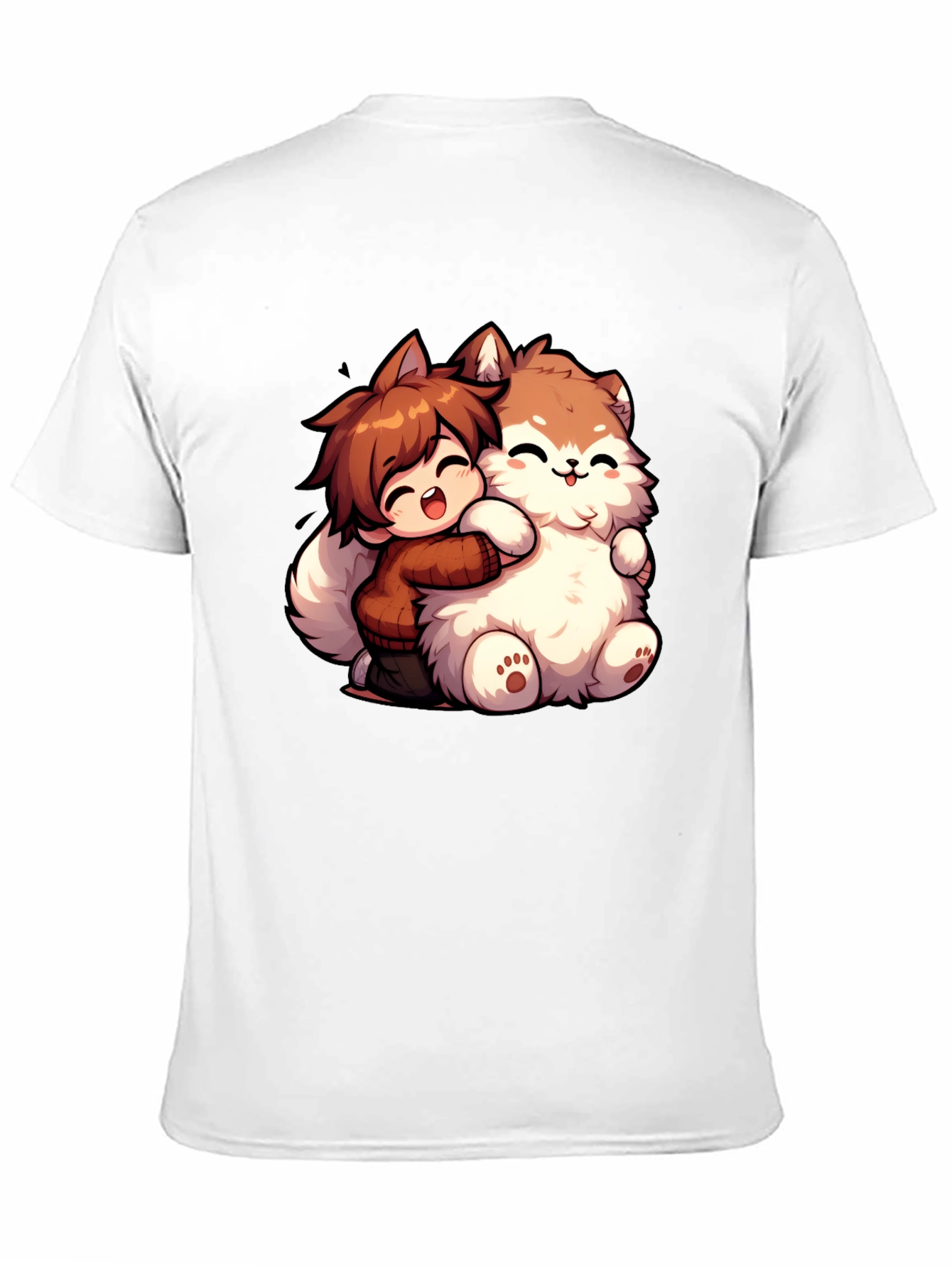 Anime Boy Hugging Fluffy Dog Cartoon T-Shirt
