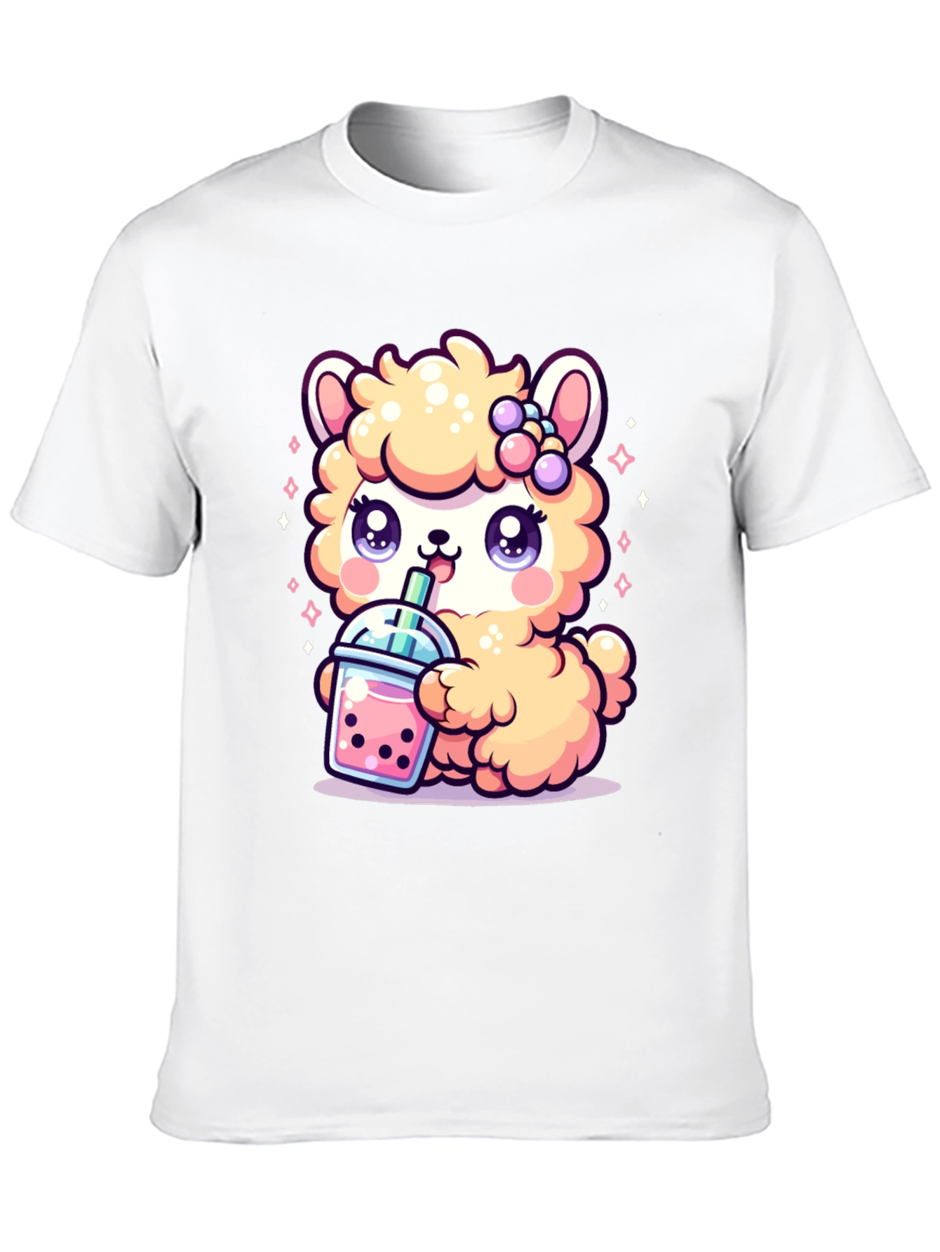 Cute Kawaii Llama Bubble Tea Black T-Shirt