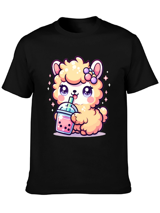 Cute Kawaii Llama Bubble Tea Black T-Shirt