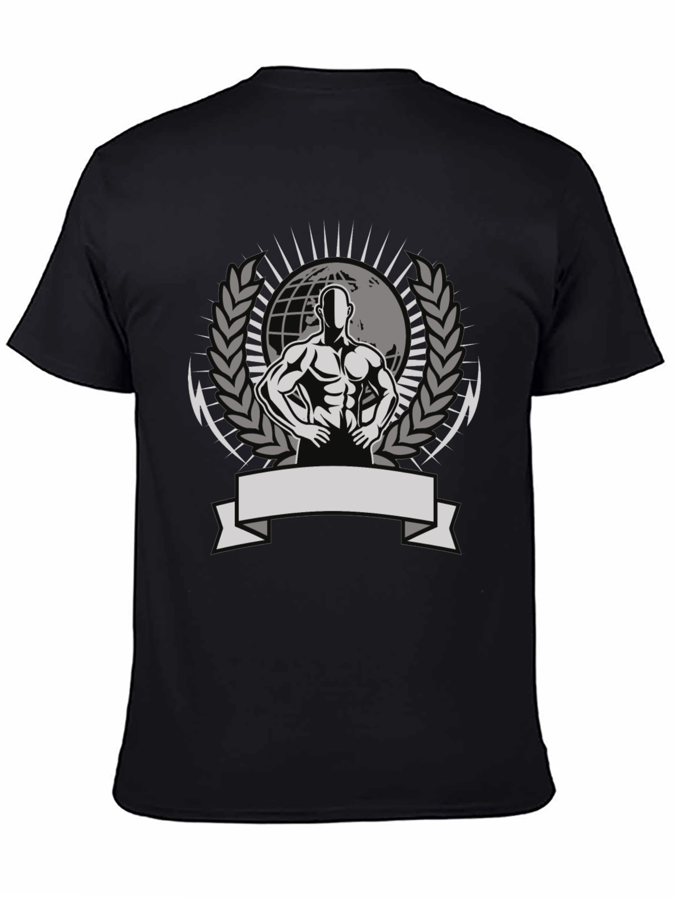 Mens Black Graphic Tee - Bodybuilder Globe Design
