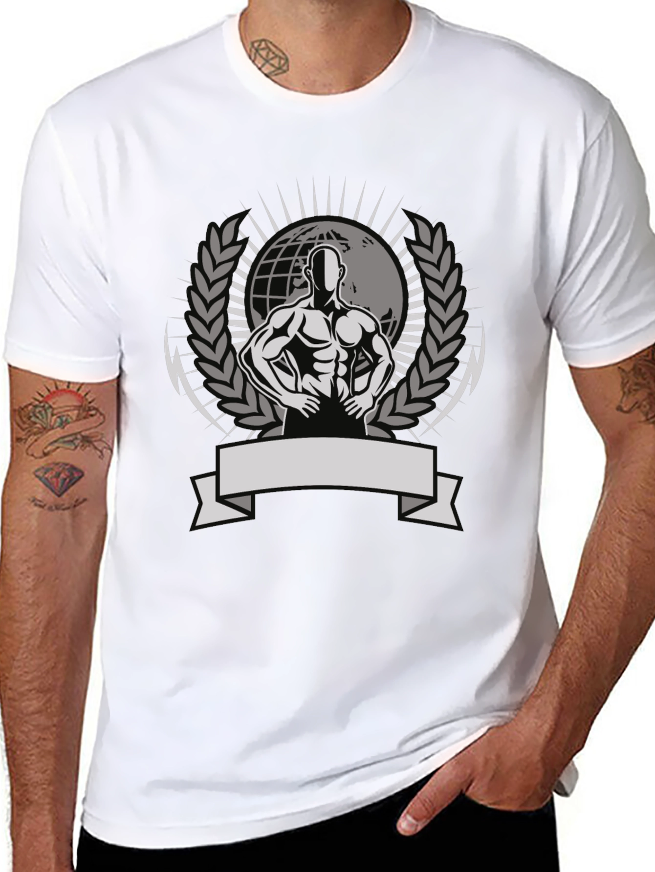 Mens Black Graphic Tee - Bodybuilder Globe Design