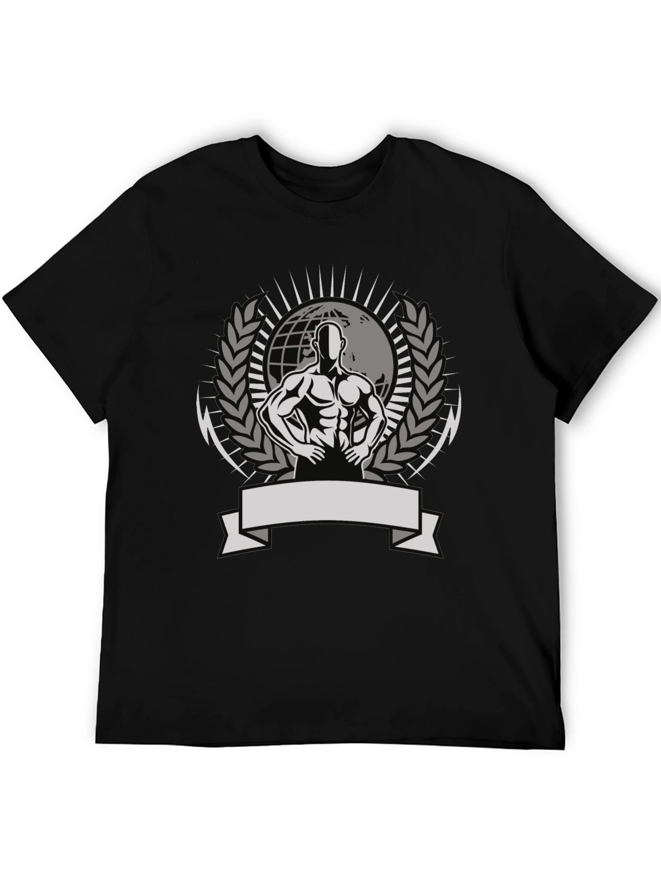 Mens Black Graphic Tee - Bodybuilder Globe Design