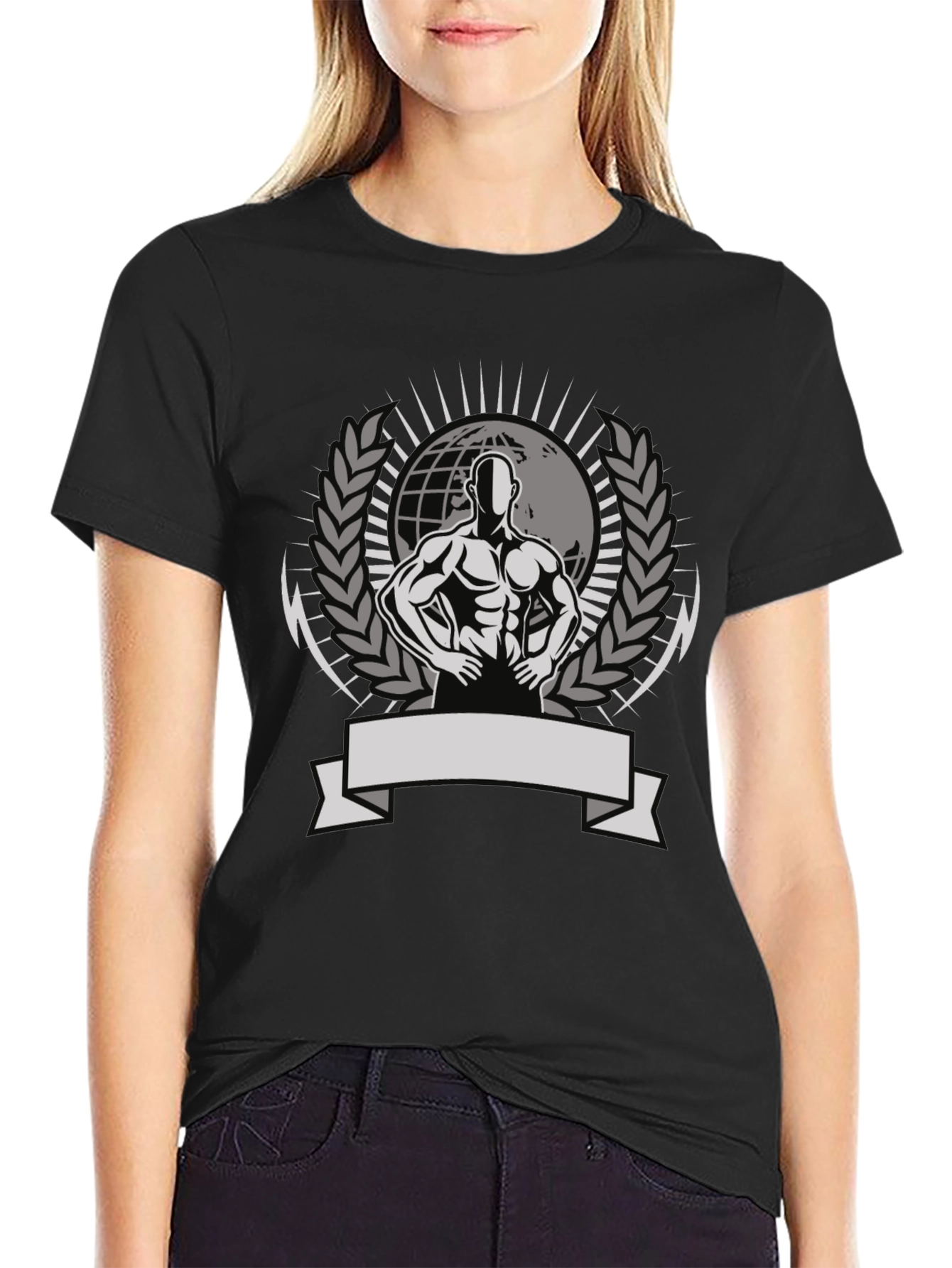 Mens Black Graphic Tee - Bodybuilder Globe Design