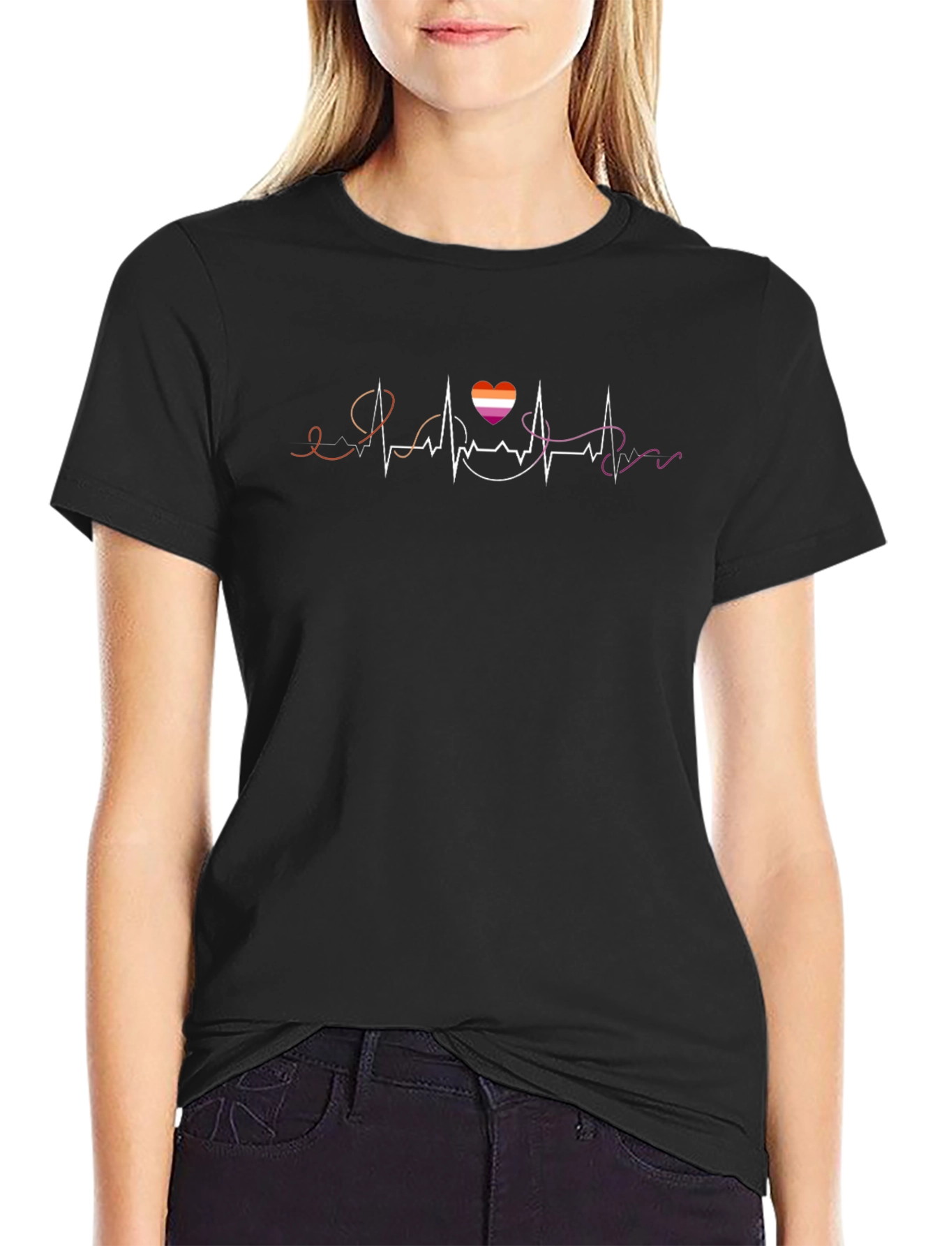 Lesbian Pride Heartbeat T-Shirt - Black
