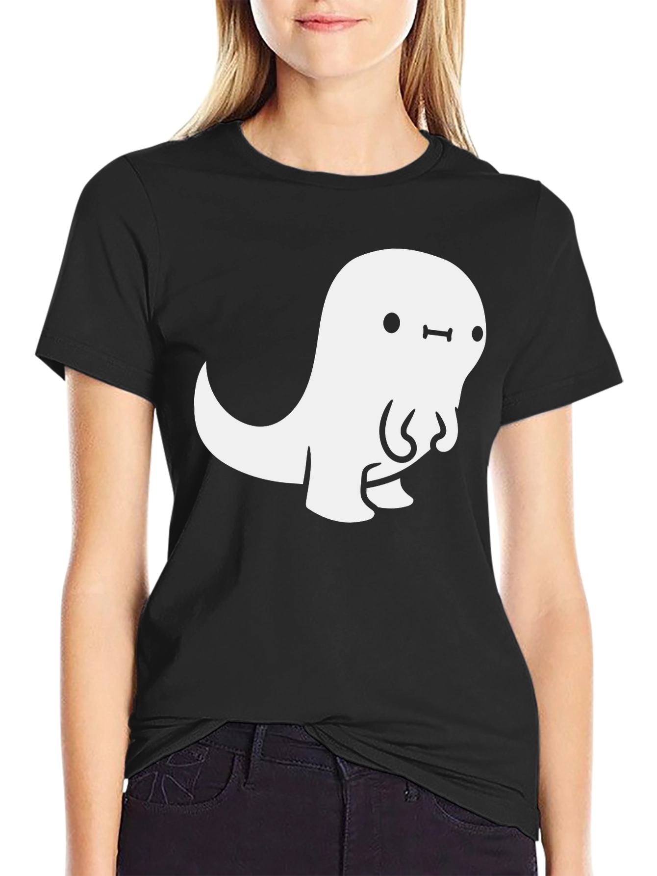Cute Ghost Graphic Tee - Black Casual T-Shirt
