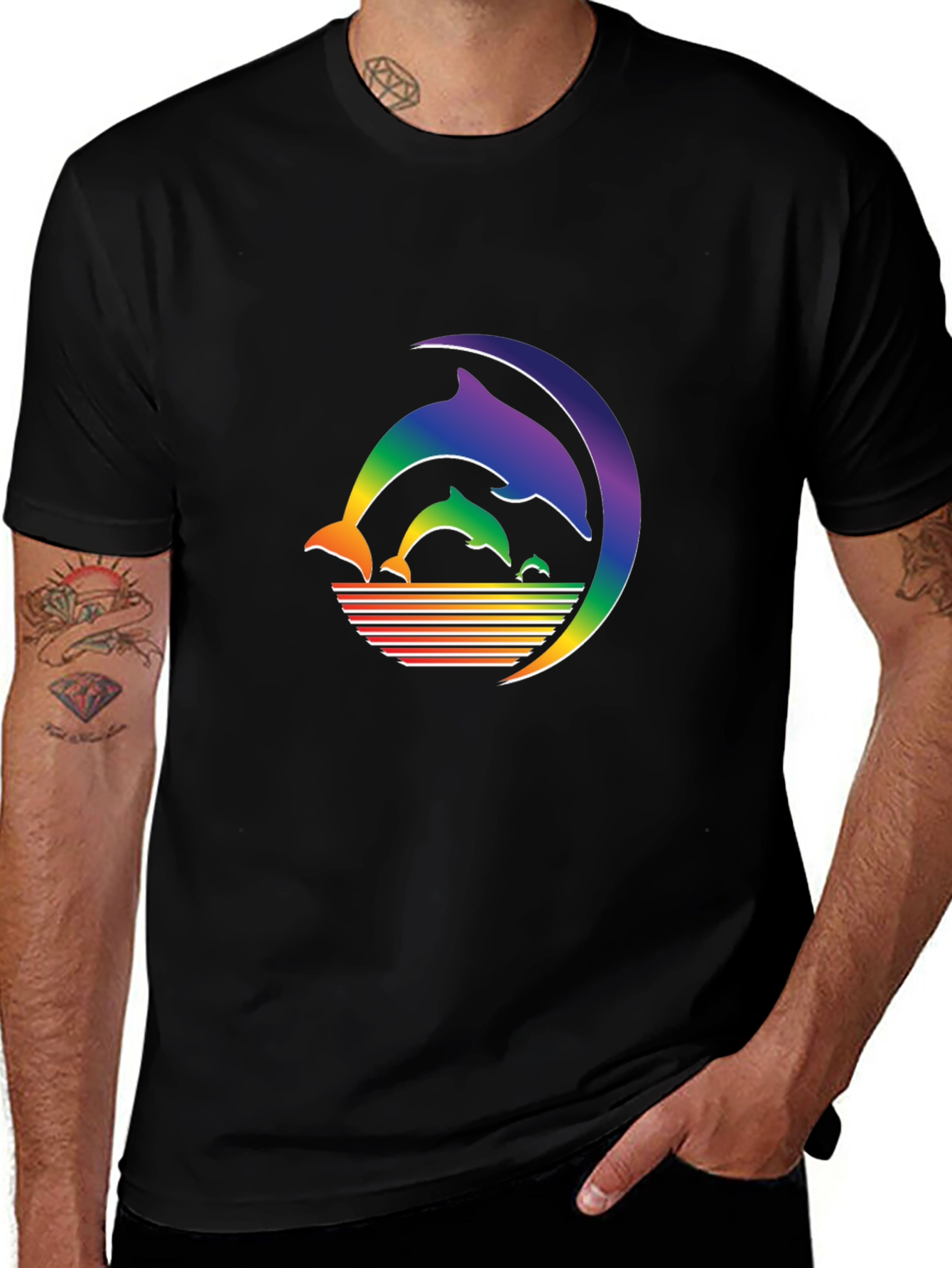 Rainbow Dolphin T-Shirt - Black Cotton Graphic Tee