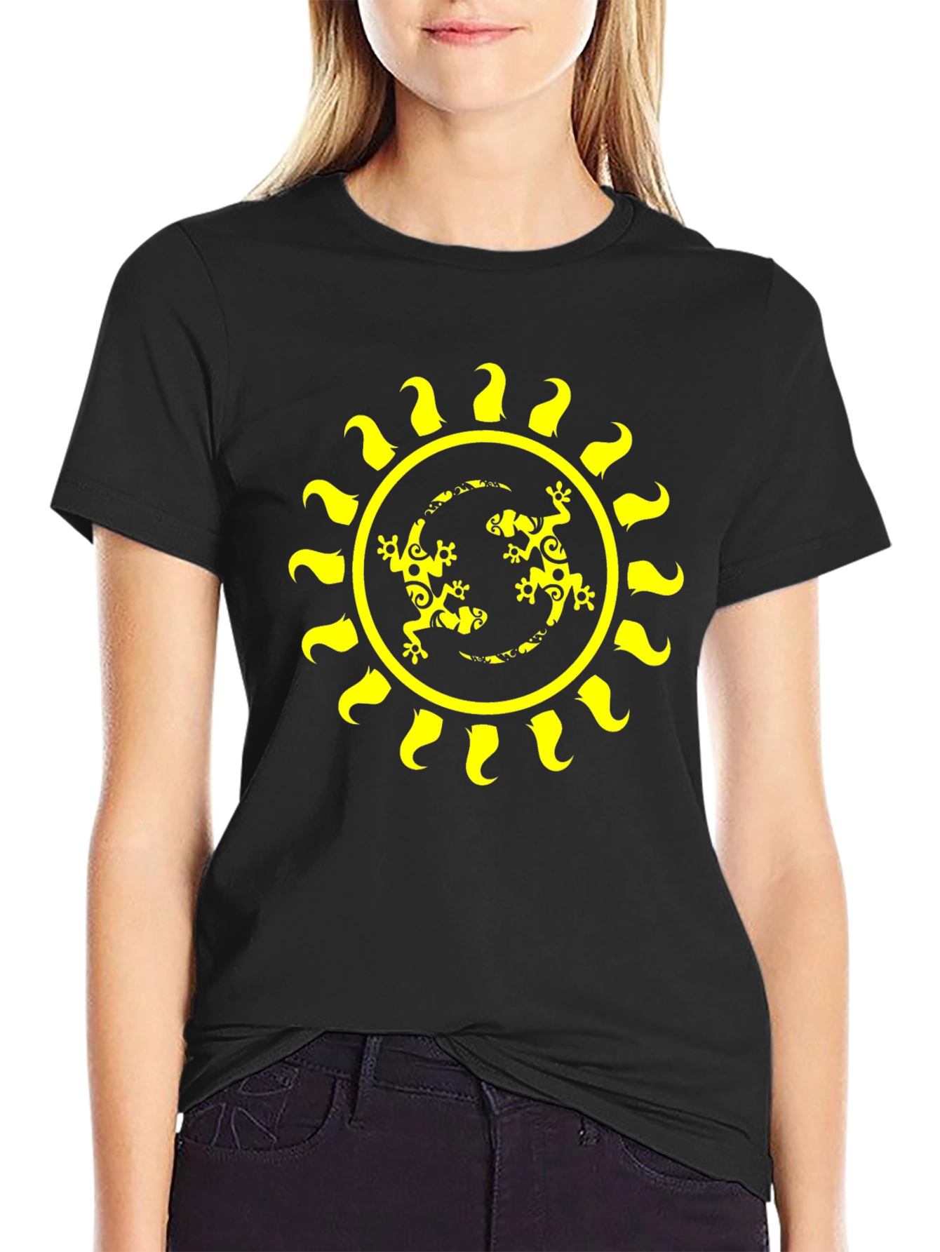 Lizard Sun Graphic Tee - Black Cotton T-Shirt