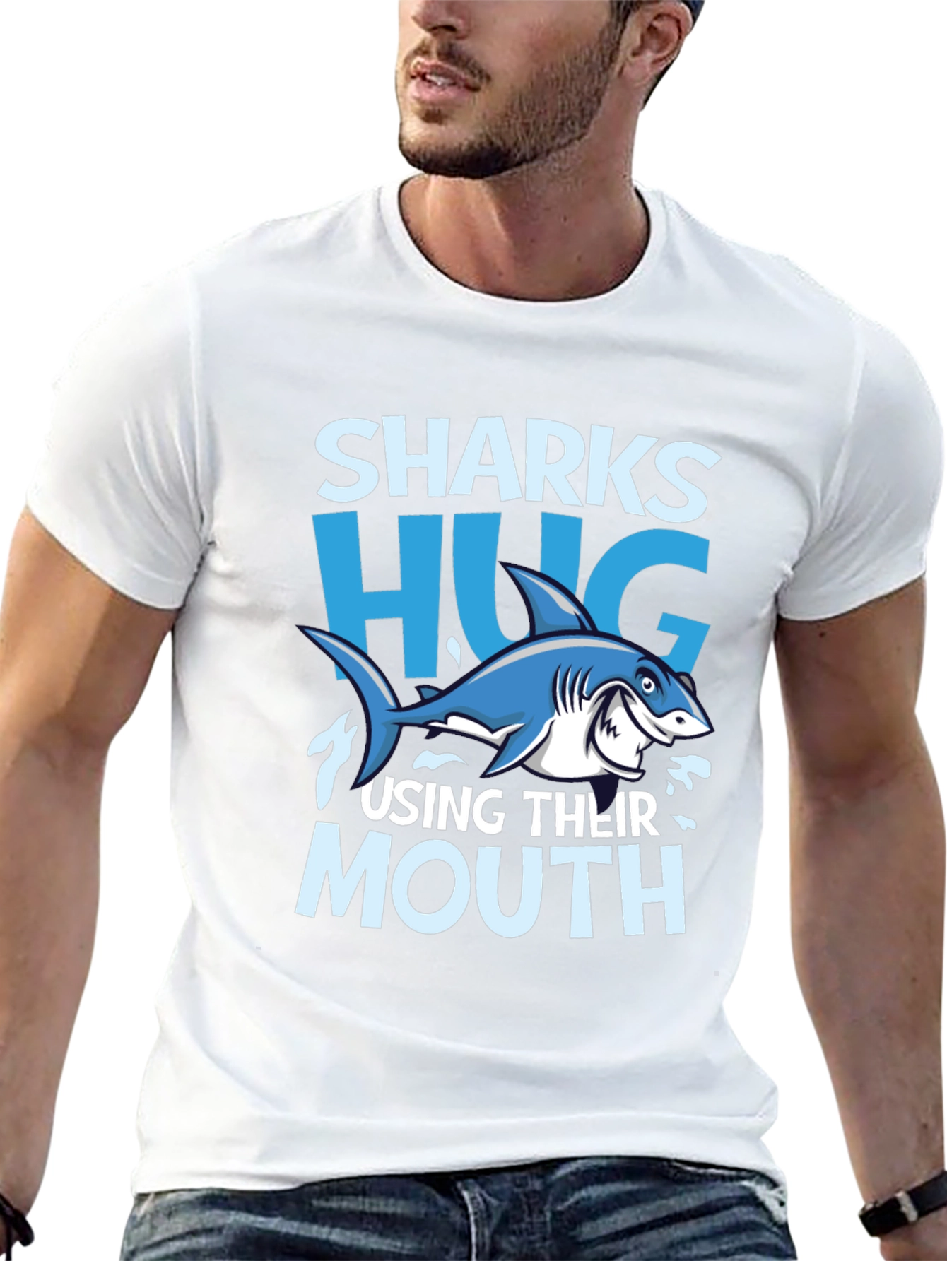 Funny Sharks Hug with Mouth Black T-Shirt