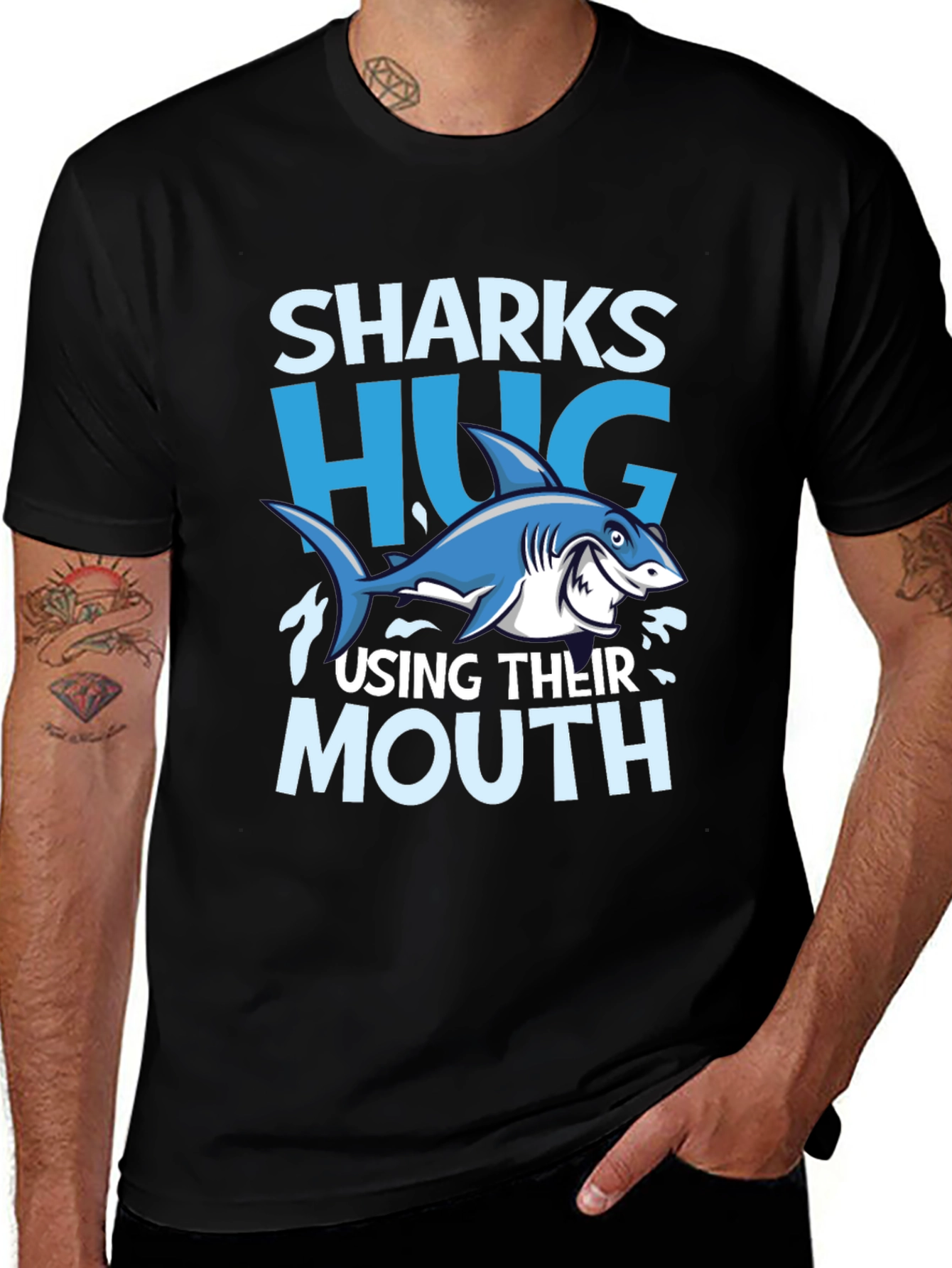 Funny Sharks Hug with Mouth Black T-Shirt