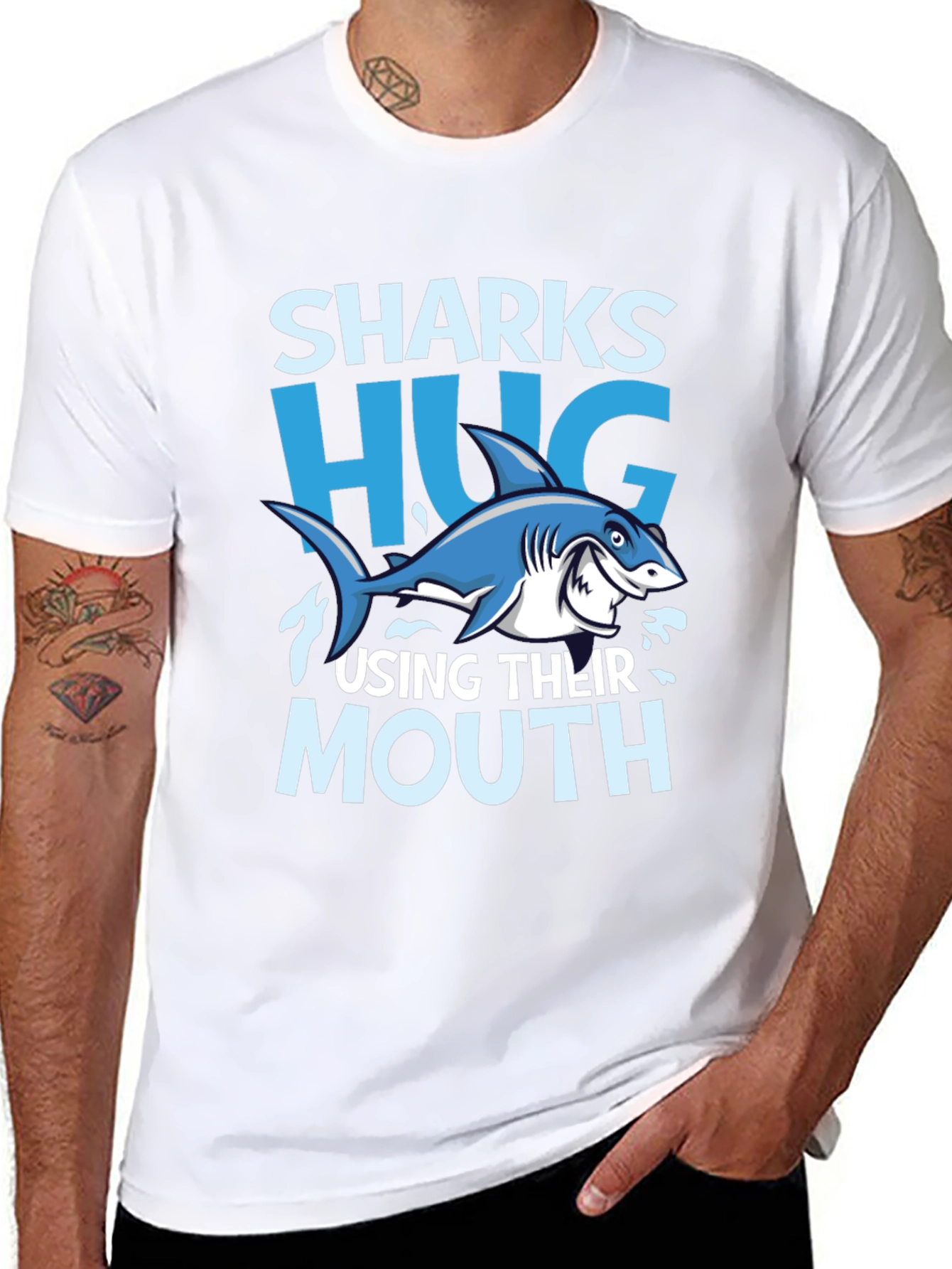 Funny Sharks Hug with Mouth Black T-Shirt
