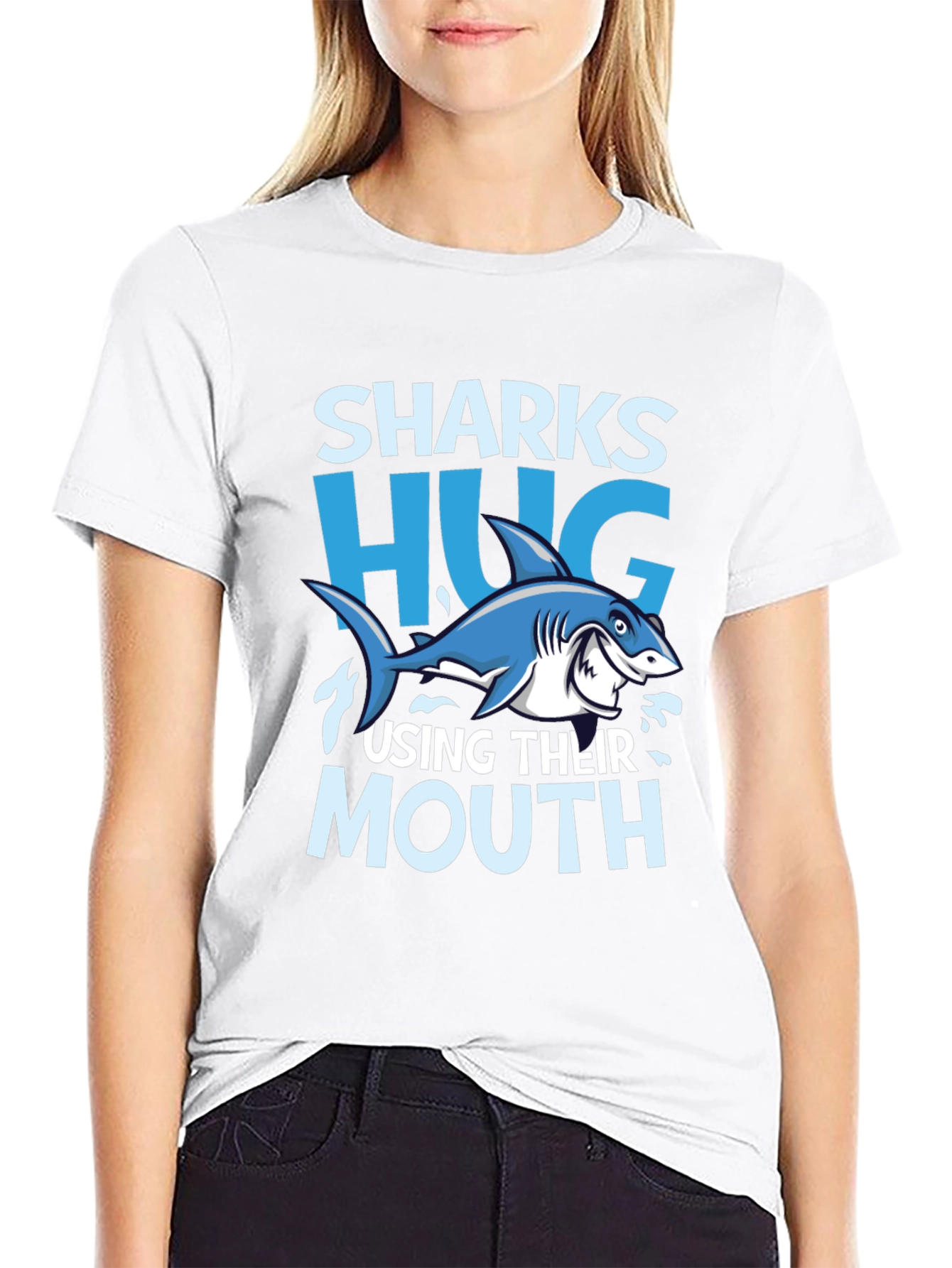 Funny Sharks Hug with Mouth Black T-Shirt