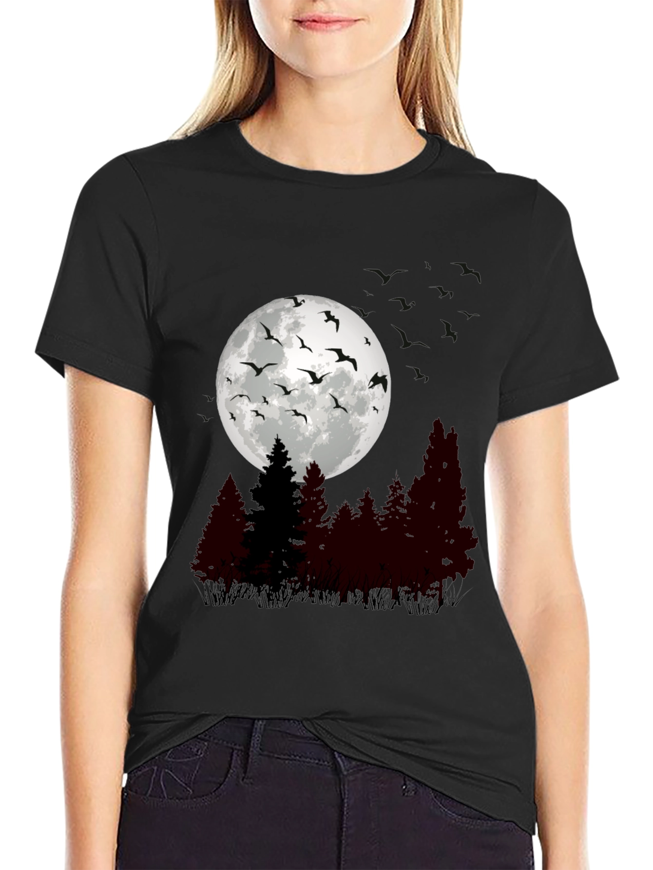 Mens Moonlit Forest Graphic Tee - Black