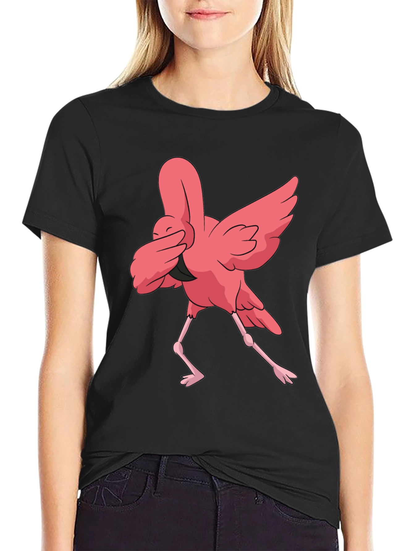 Dabbing Flamingo Graphic Tee - Black Cotton T-Shirt