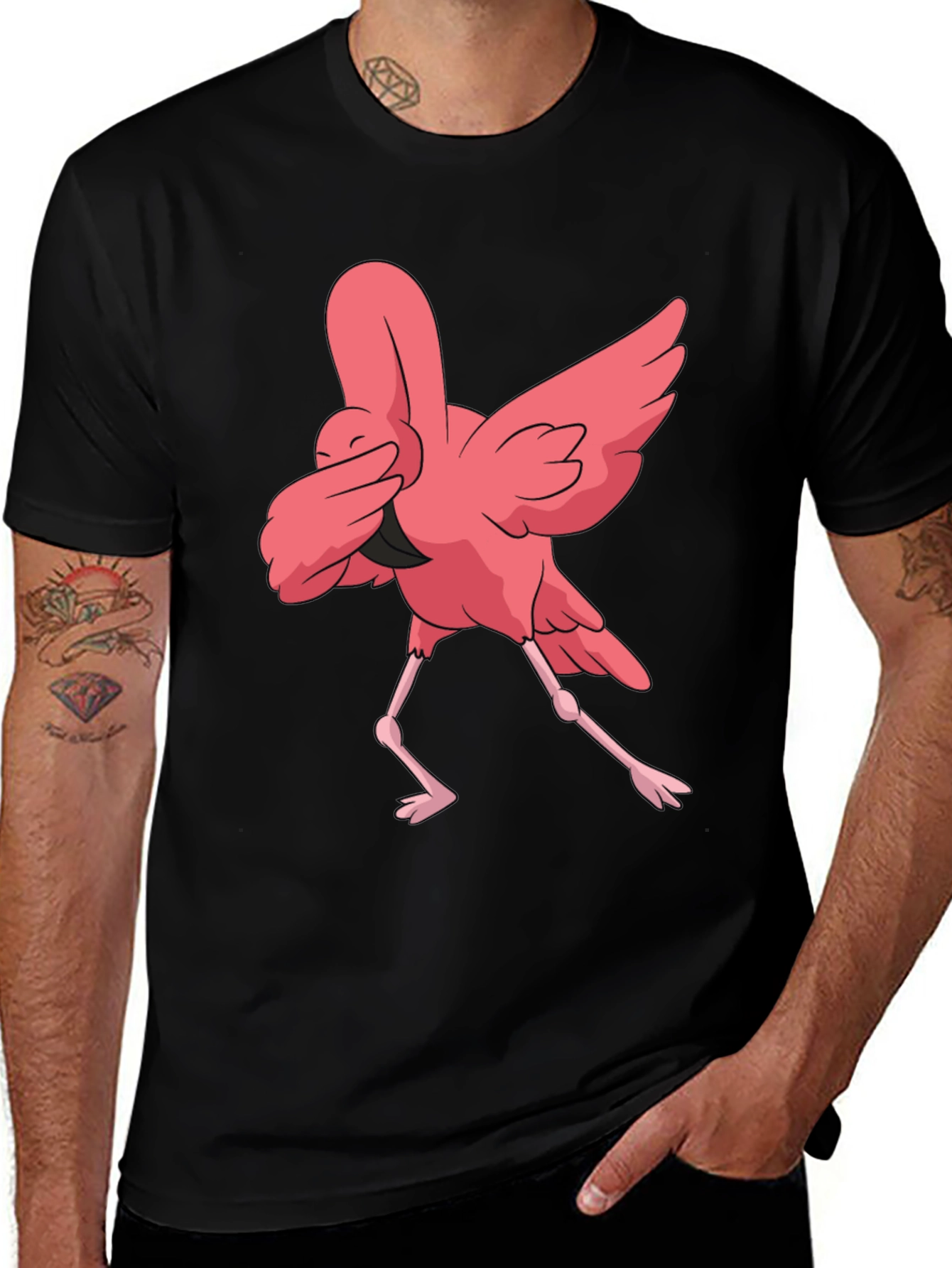 Dabbing Flamingo Graphic Tee - Black Cotton T-Shirt