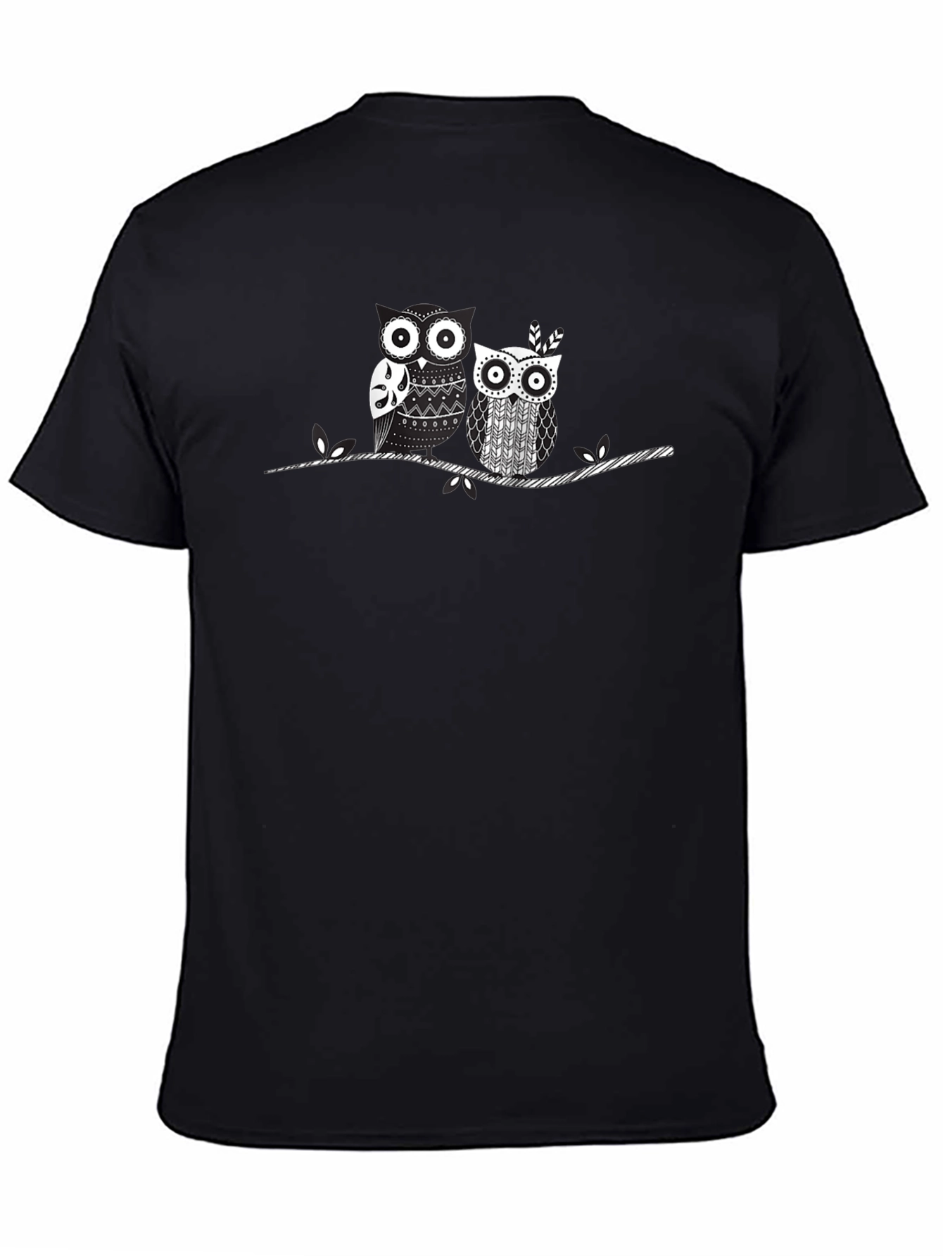 Whimsical Owl Couple Graphic T-Shirt - Black