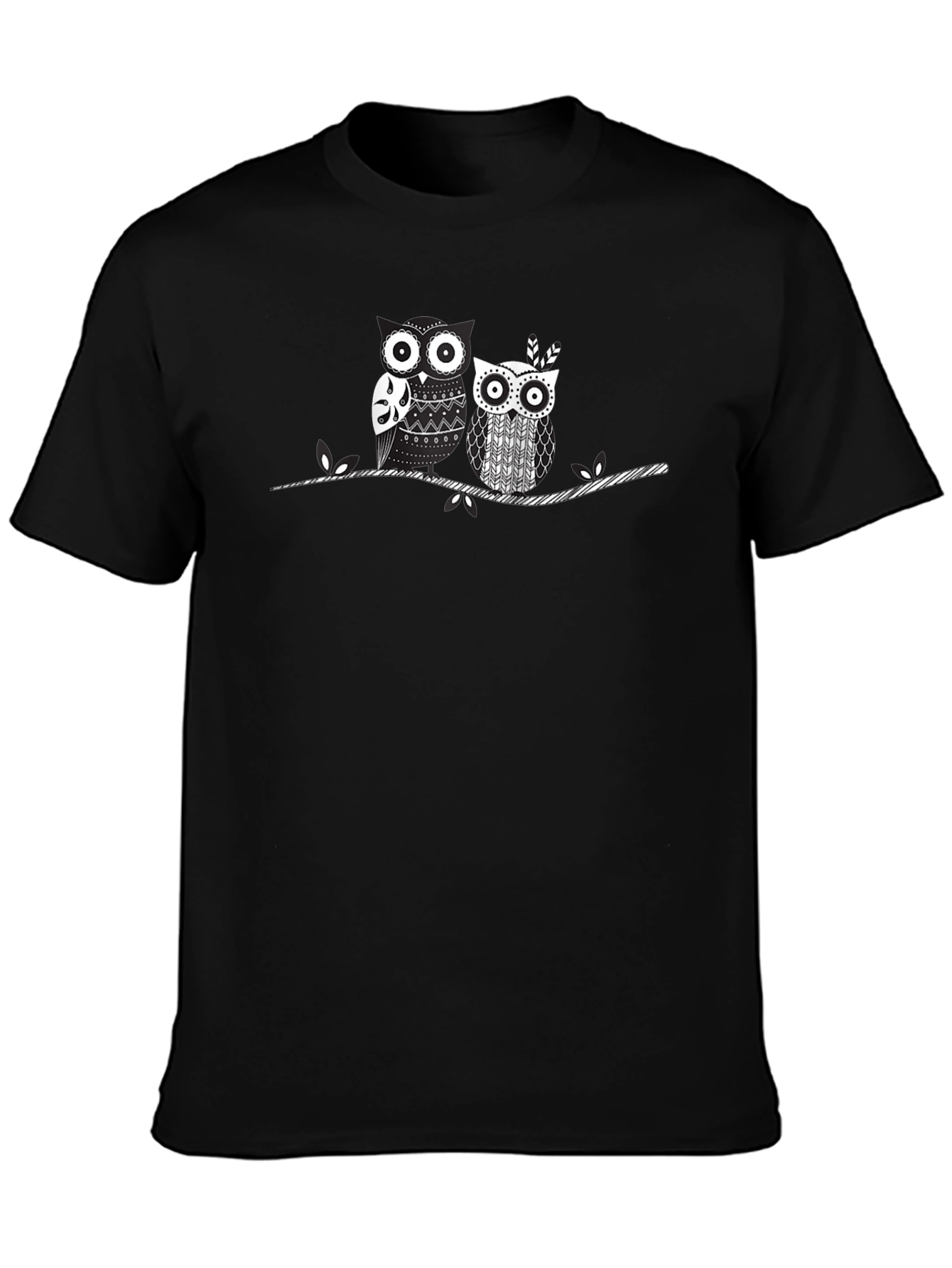 Whimsical Owl Couple Graphic T-Shirt - Black