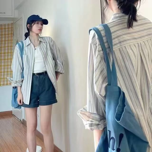 Blue Striped Shirt  Women's Long Sleeve Design Sense Unique Small Size Women's Top