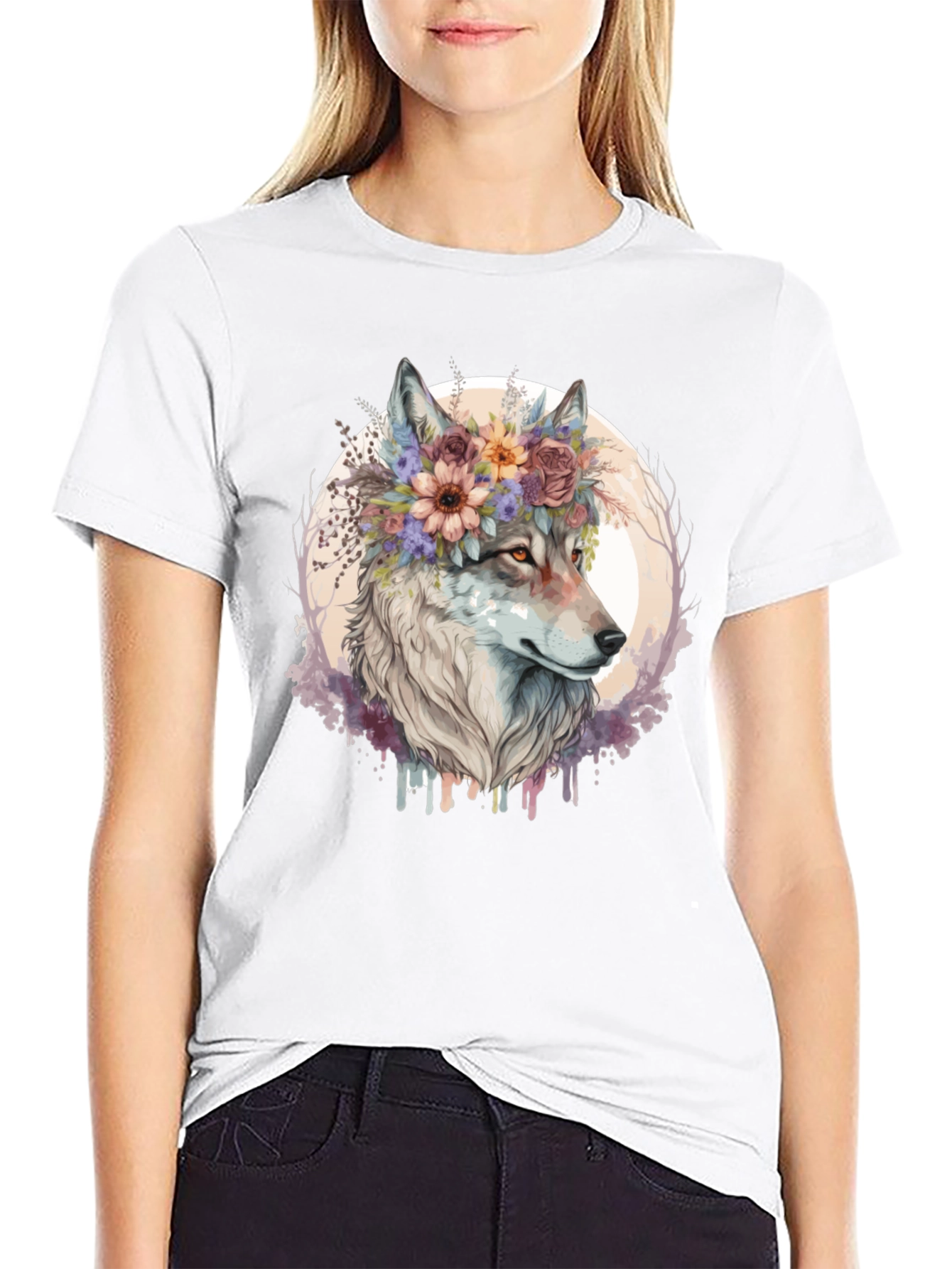 Wolf Flower Crown Graphic Tee - Unisex Black T-Shirt
