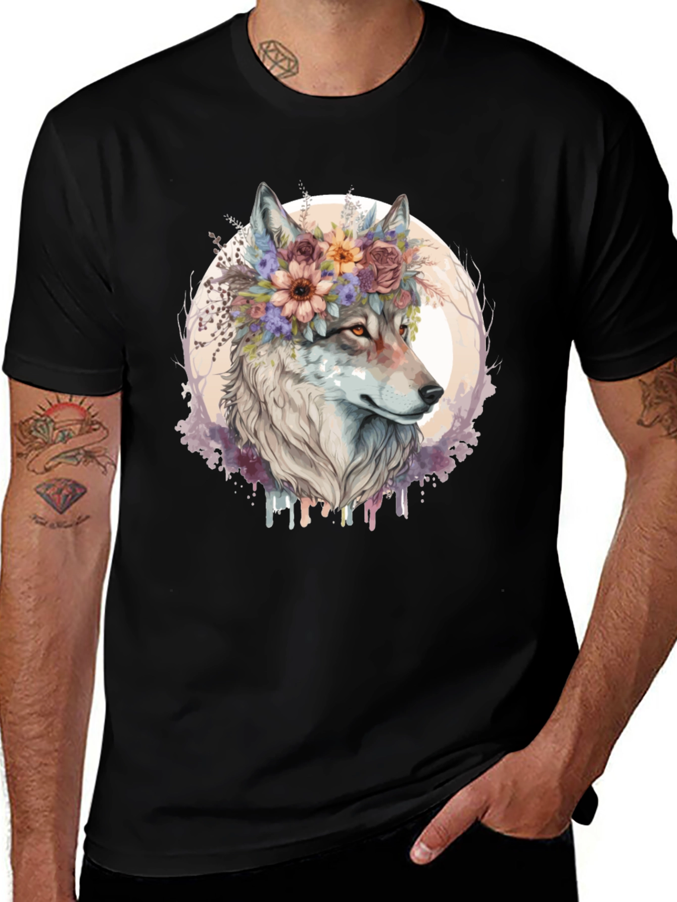 Wolf Flower Crown Graphic Tee - Unisex Black T-Shirt
