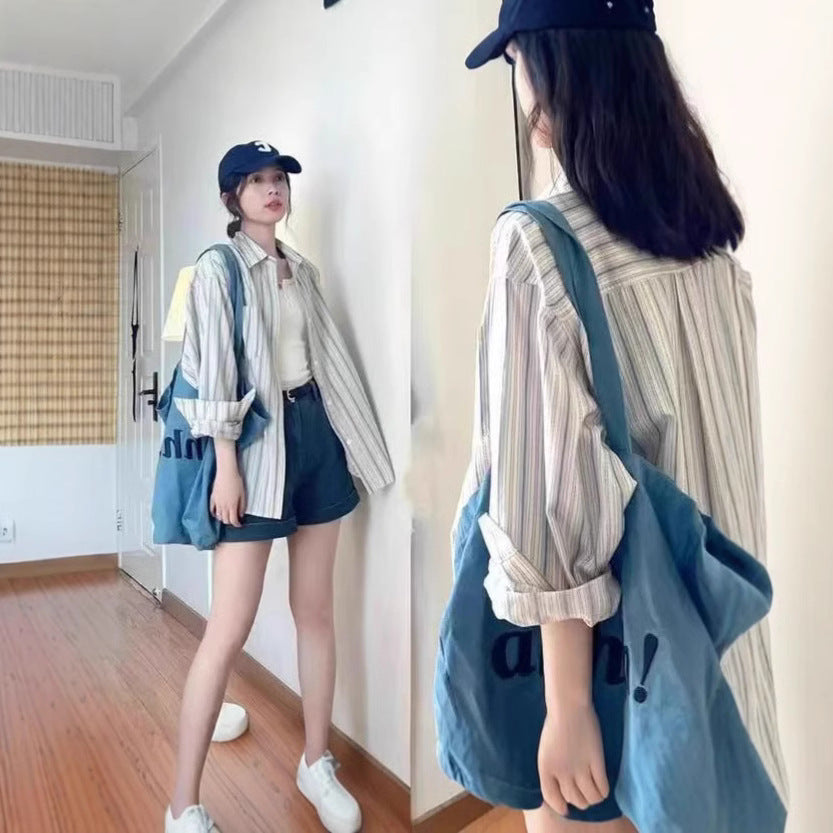 Blue Striped Shirt  Women's Long Sleeve Design Sense Unique Small Size Women's Top