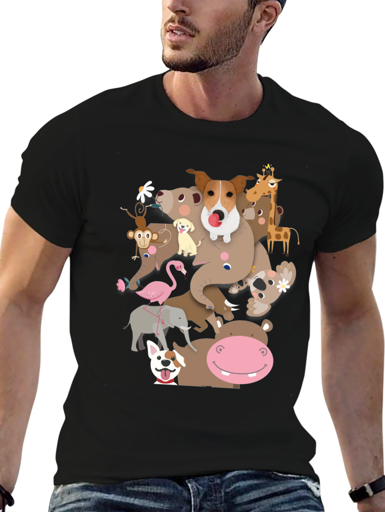 Animal Friends Stack Black Graphic T-Shirt