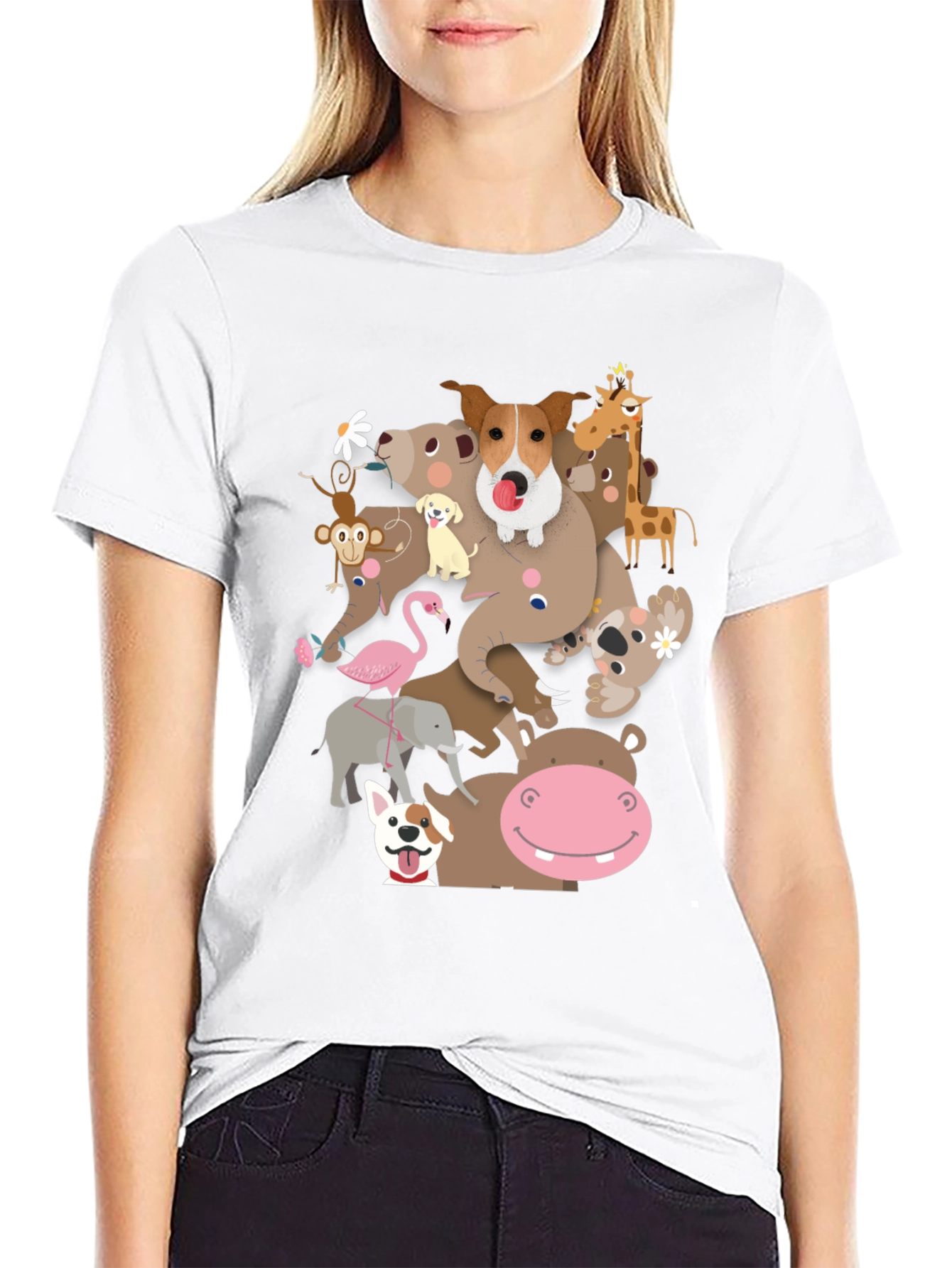 Animal Friends Stack Black Graphic T-Shirt