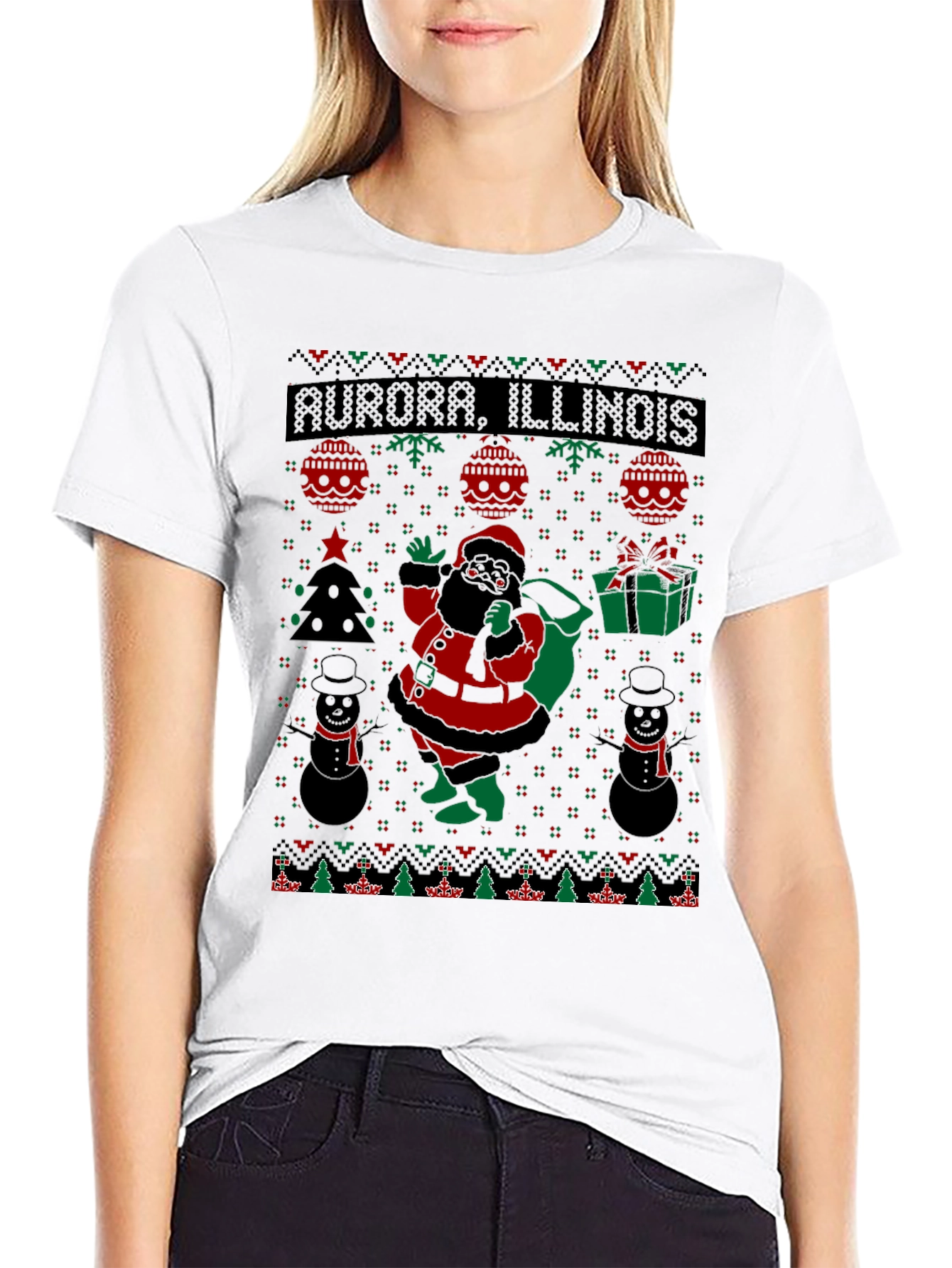 Aurora Illinois Black Santa Christmas T-Shirt